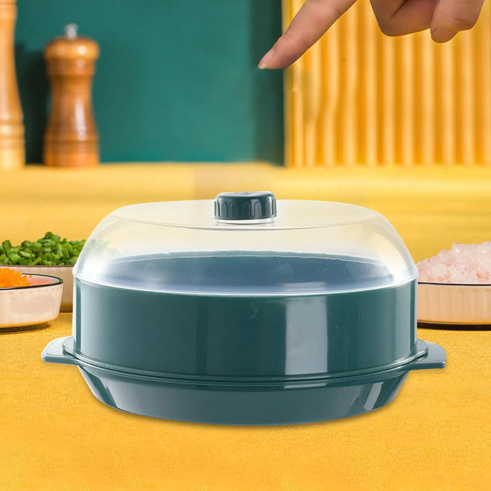 Microwave Cookware Steamer Dish Kitchen Utensils Transparent Lid for Vegetables , Green single layer