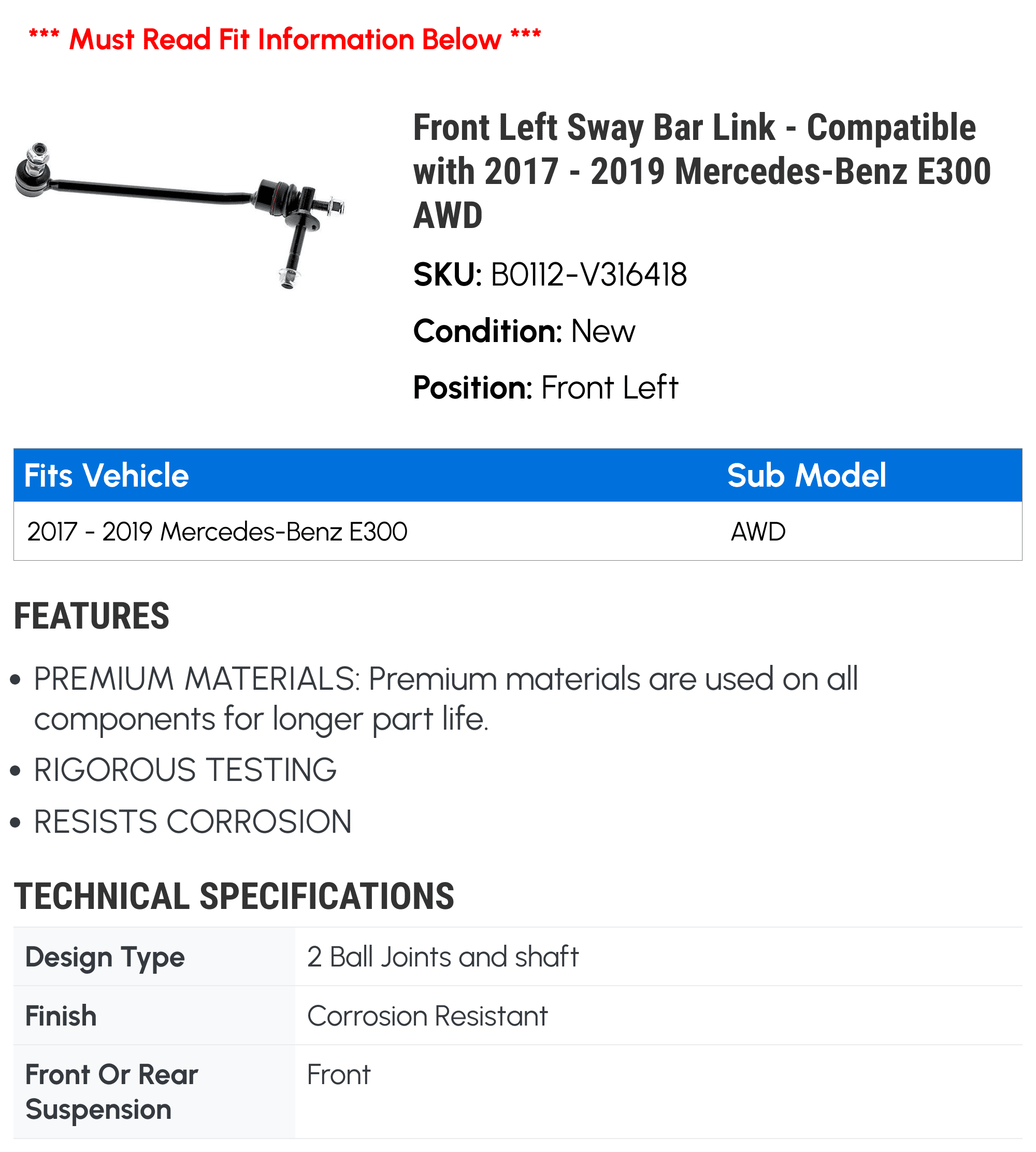 Front Left Sway Bar Link - Compatible with 2017 - 2019 Mercedes-Benz E300 AWD 2018