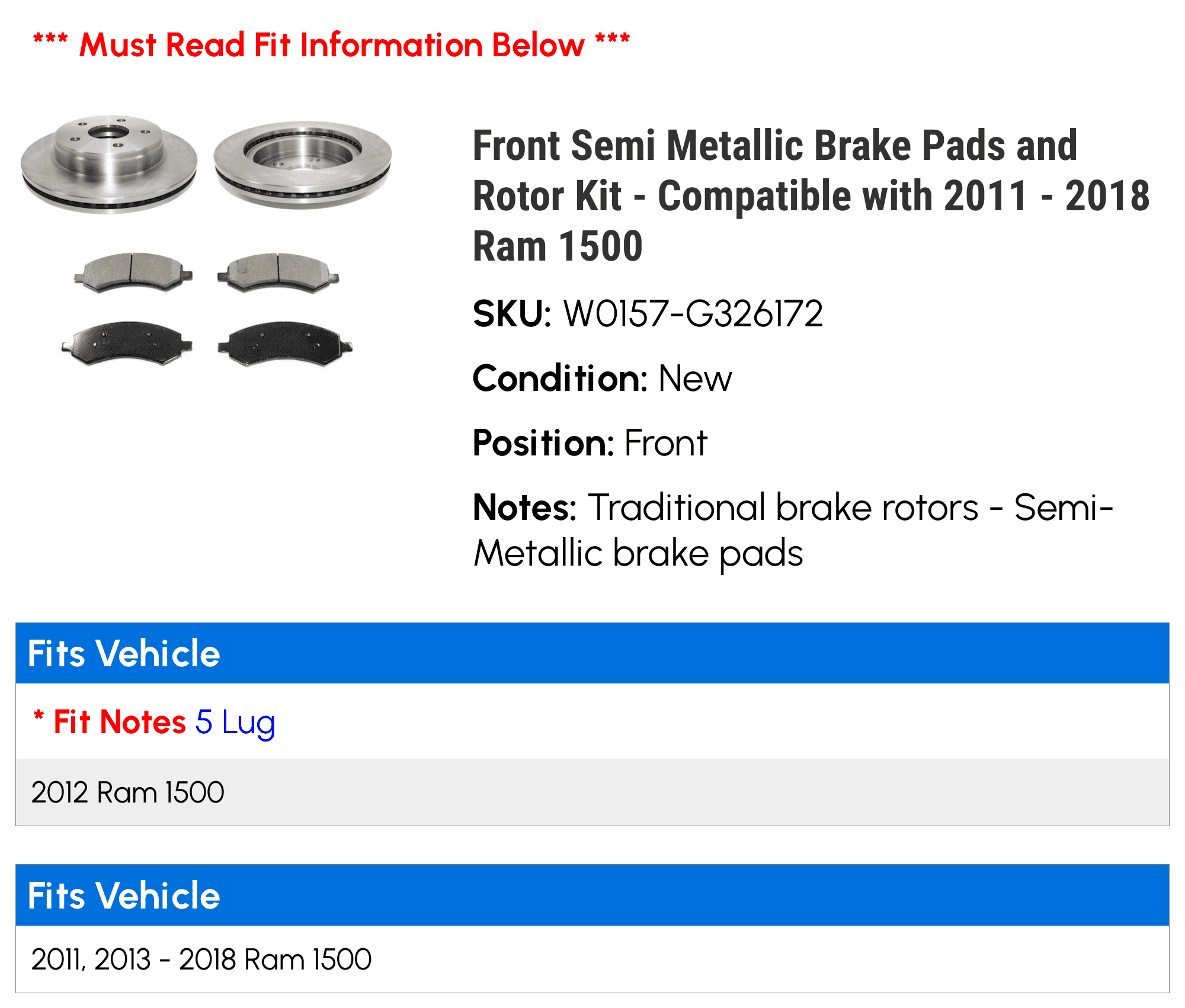 Front Semi Metallic Brake Pads and Rotor Kit - Compatible with 2011 - 2018 Ram 1500 2012 2013 2014 2015 2016 2017