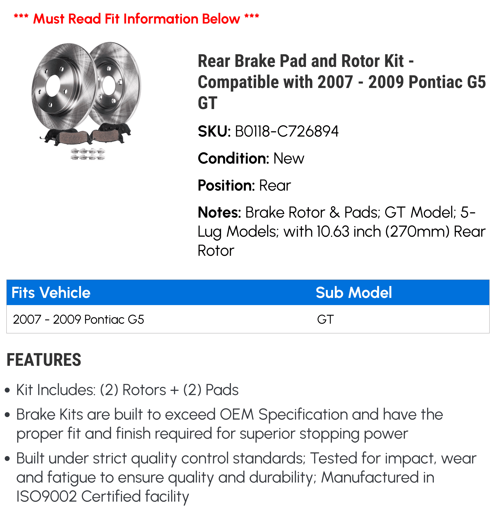 Rear Brake Pad and Rotor Kit - Compatible with 2007 - 2009 Pontiac G5 GT 2008