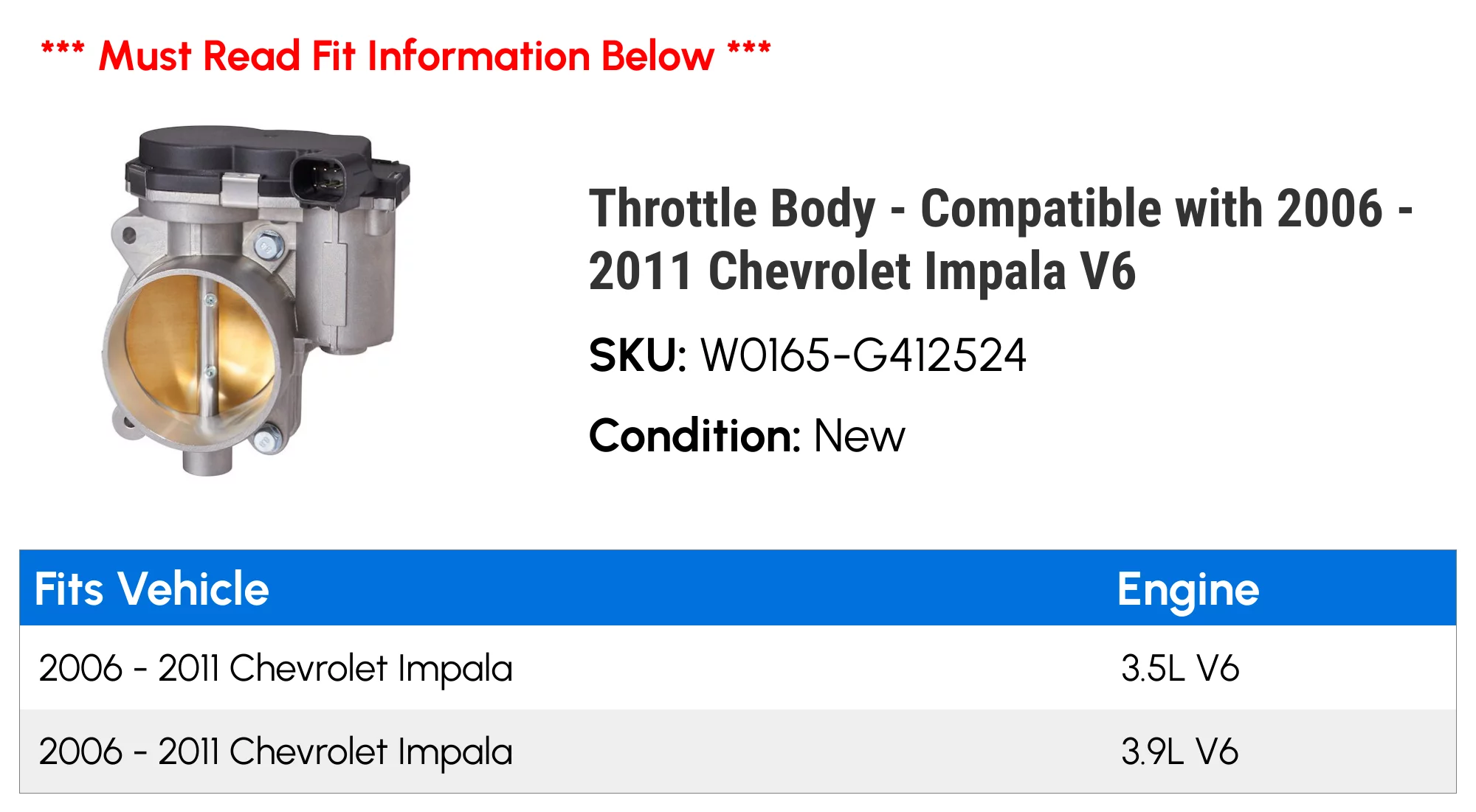Throttle Body - Compatible with 2006 - 2011 Chevy Impala V6 2007 2008 2009 2010
