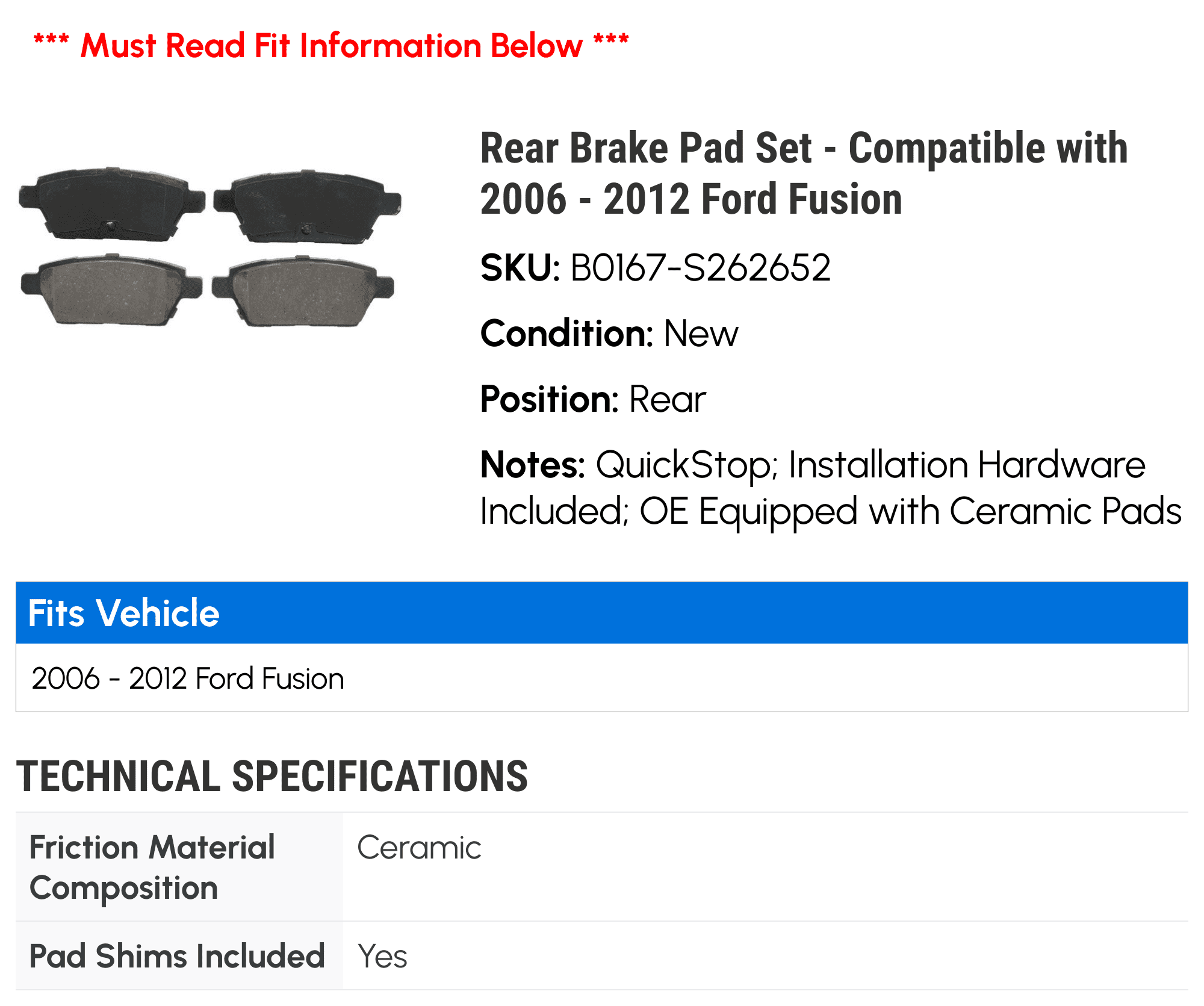 Rear Brake Pad Set - Compatible with 2006 - 2012 Ford Fusion 2007 2008 2009 2010 2011
