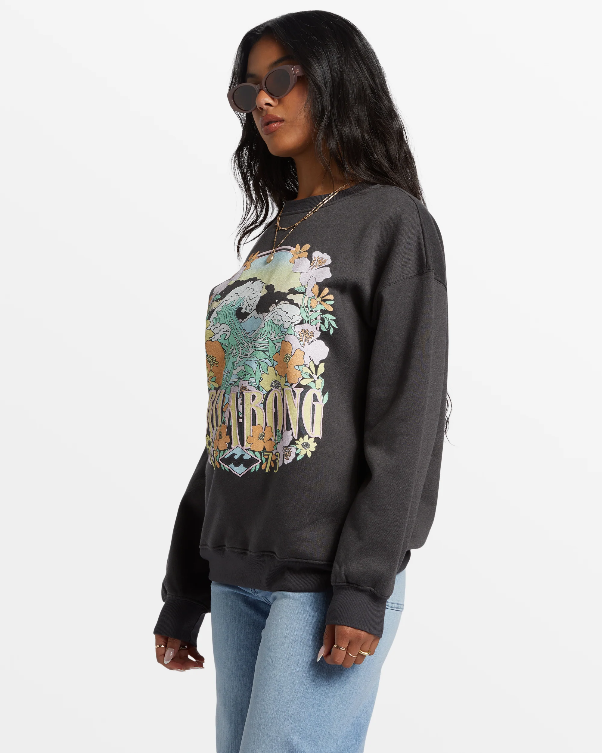 Billabong Waves Are Calling Crew Neck Sweatshirt - Off Black -Biliabong Outlet