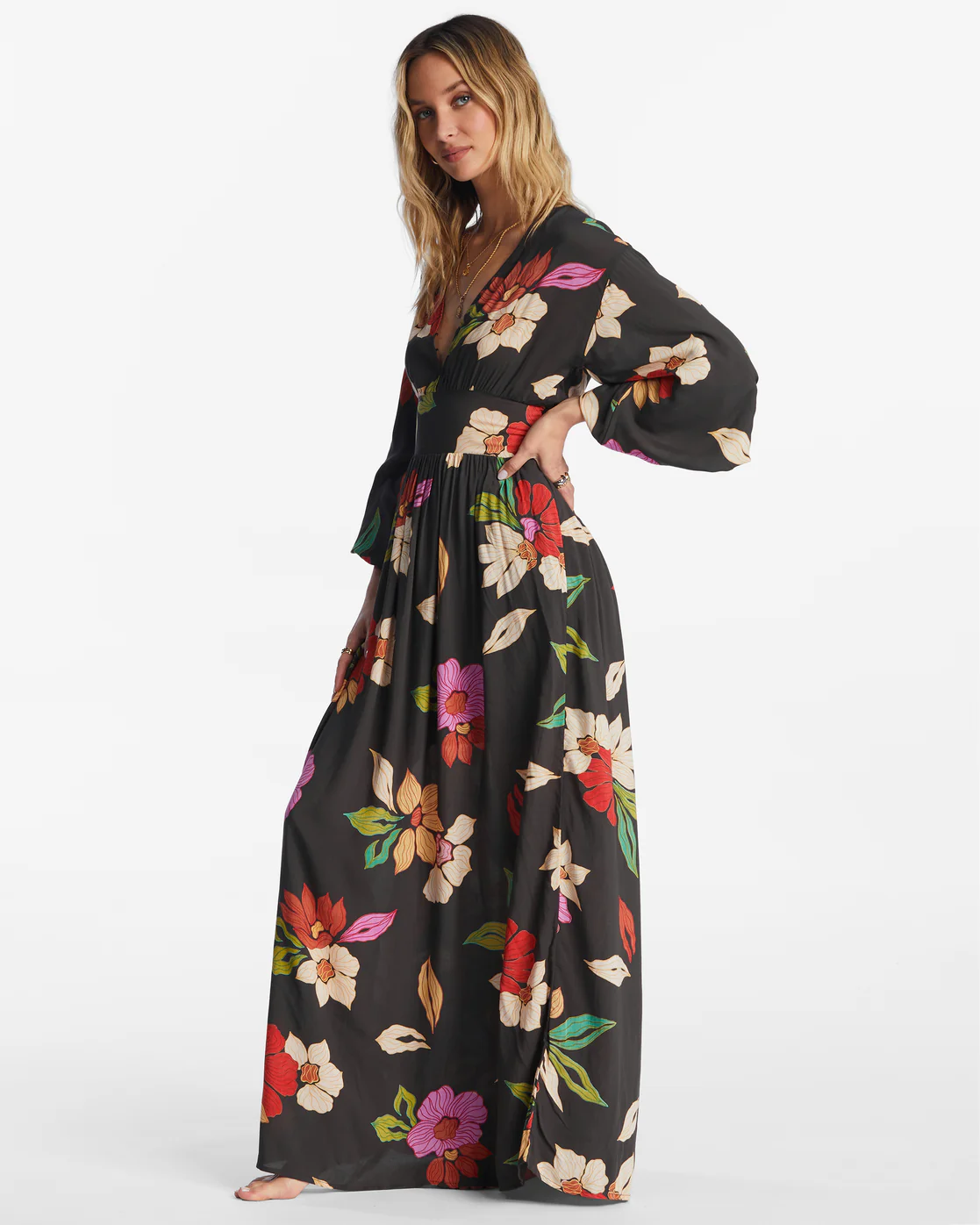 Billabong Night Bloom Long Sleeve Maxi Dress - Black Pebble -Biliabong Outlet
