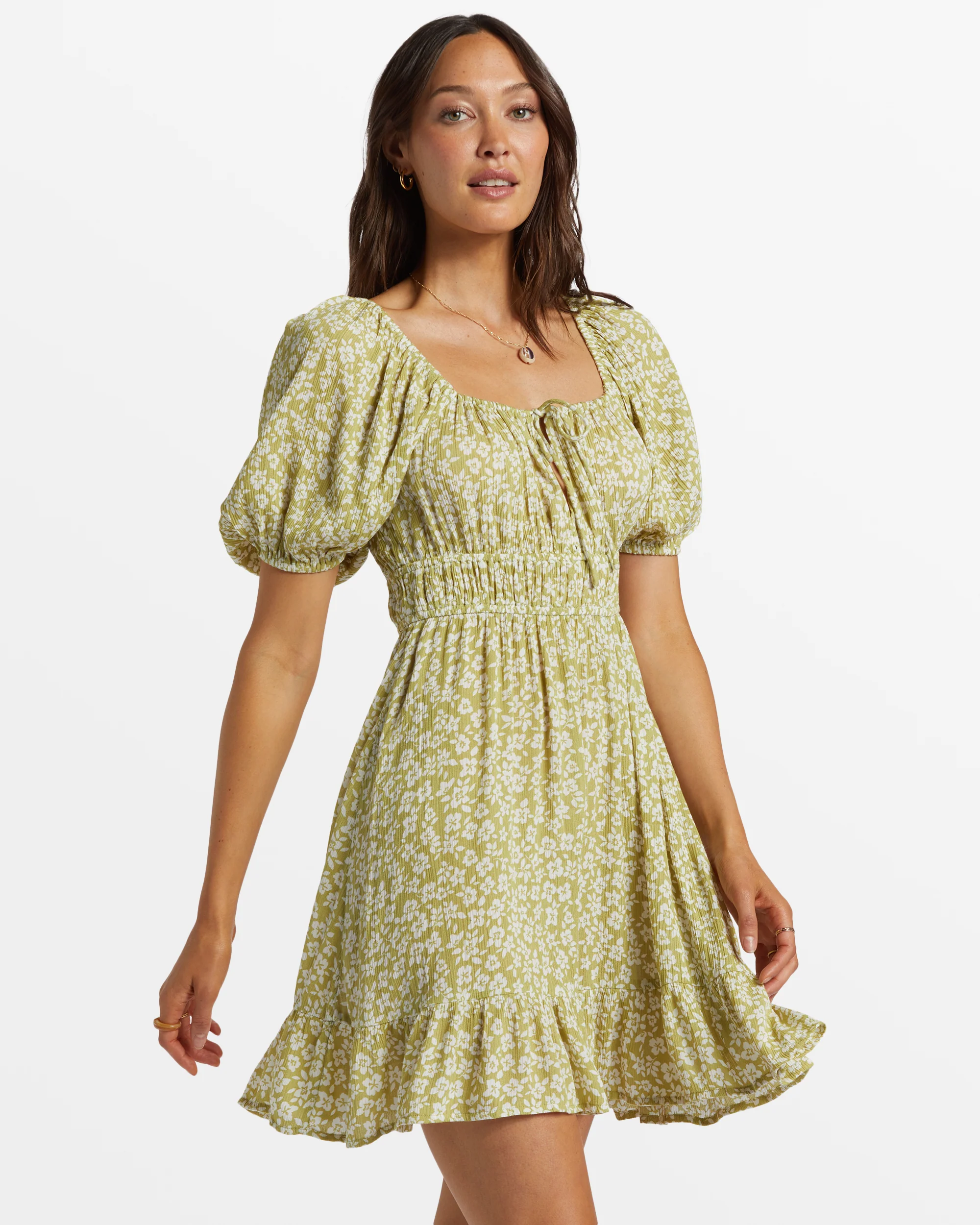 Billabong Cabana Puff Sleeve Mini Dress - Moss Joy -Biliabong Outlet