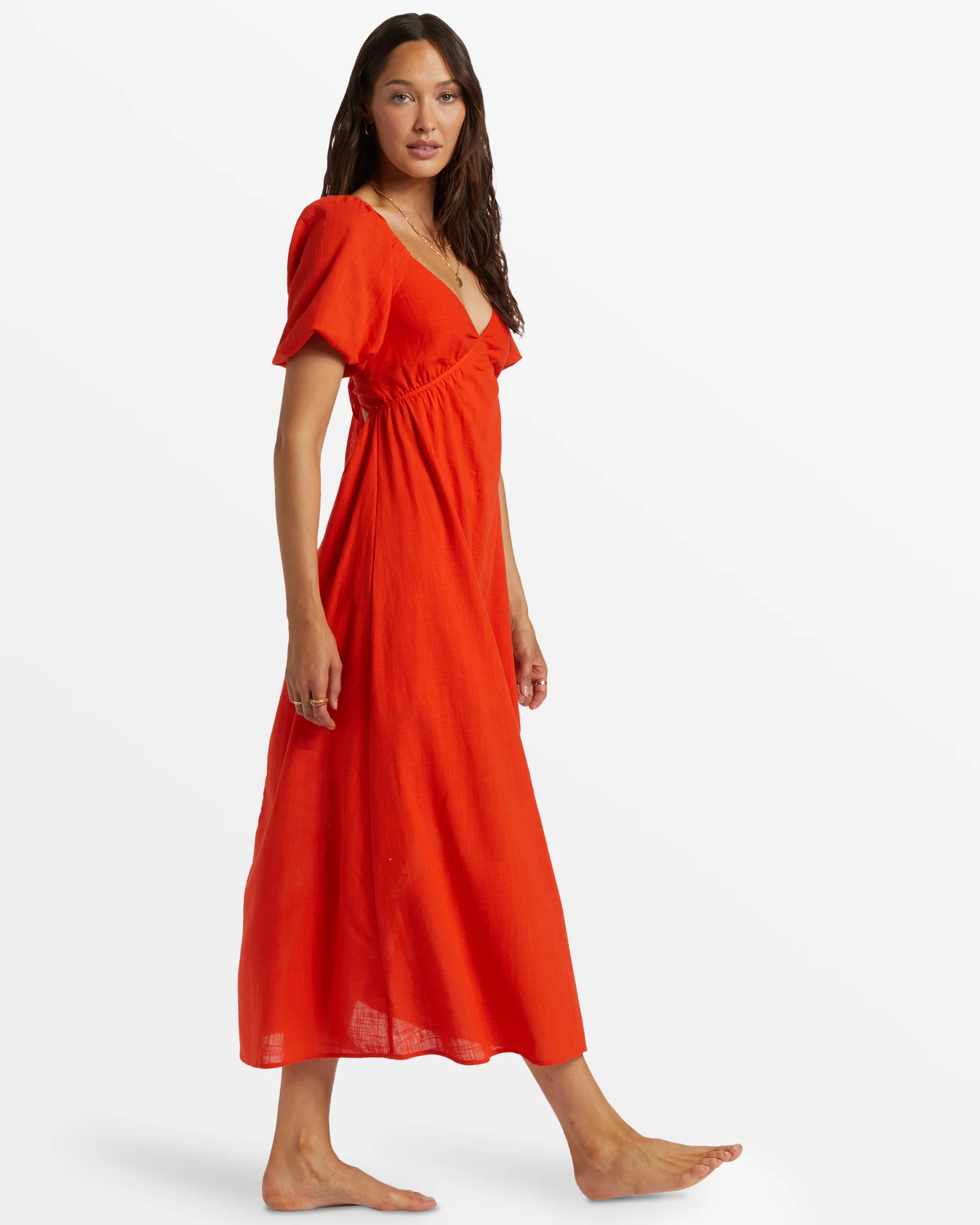 Billabong Love Fade Puff Sleeve Maxi Dress - Sunset Red -Biliabong Outlet