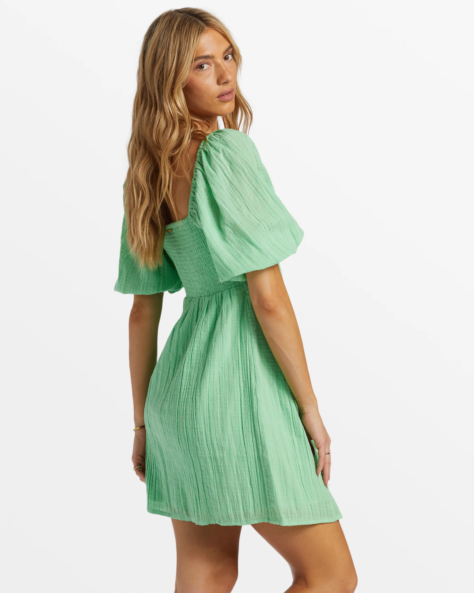 Billabong Sol Puff Sleeve Mini Dress - Bright Meadow -Biliabong Outlet