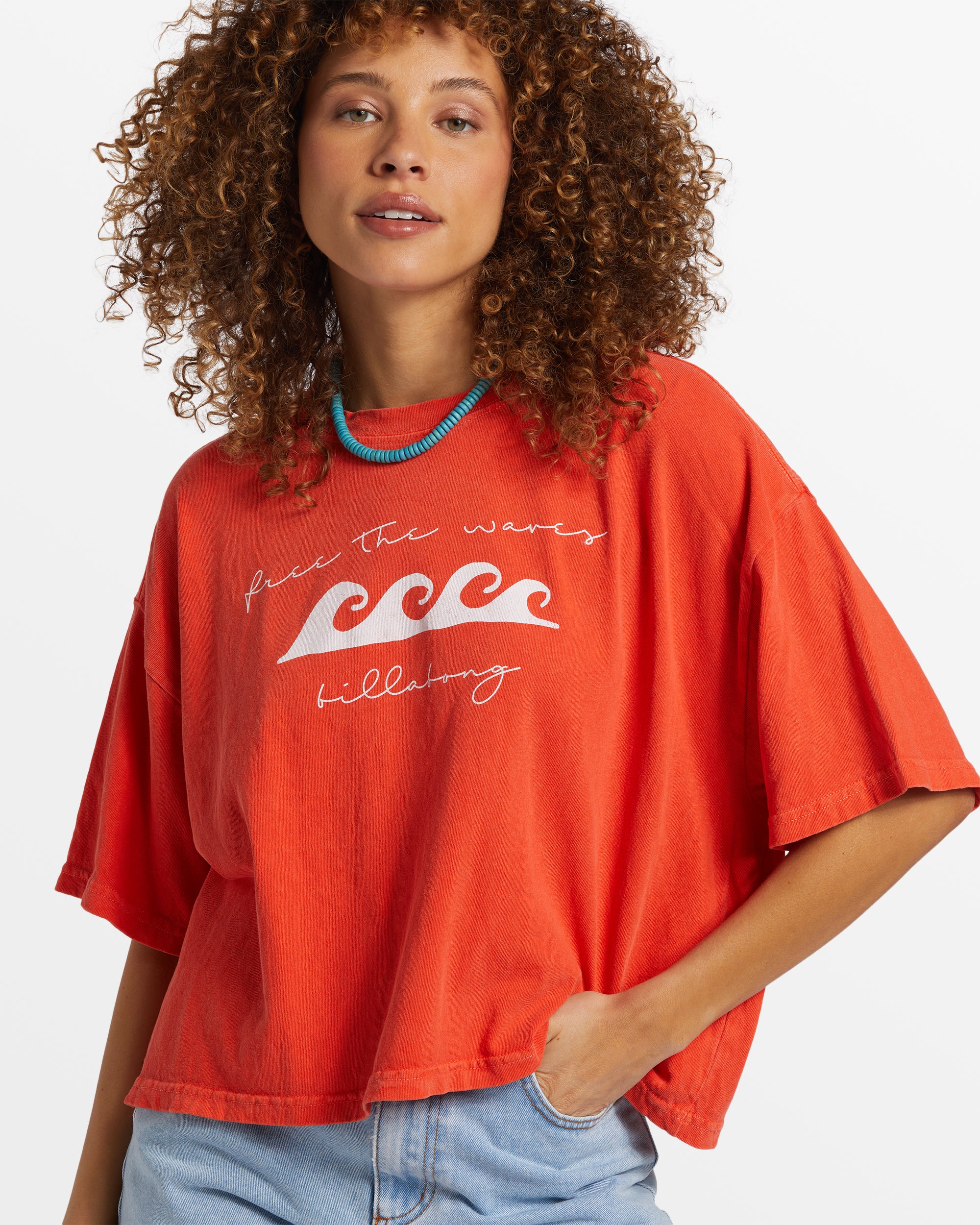 Billabong Hot Fun Cropped Oversized T-Shirt - Sunset Red -Biliabong Outlet