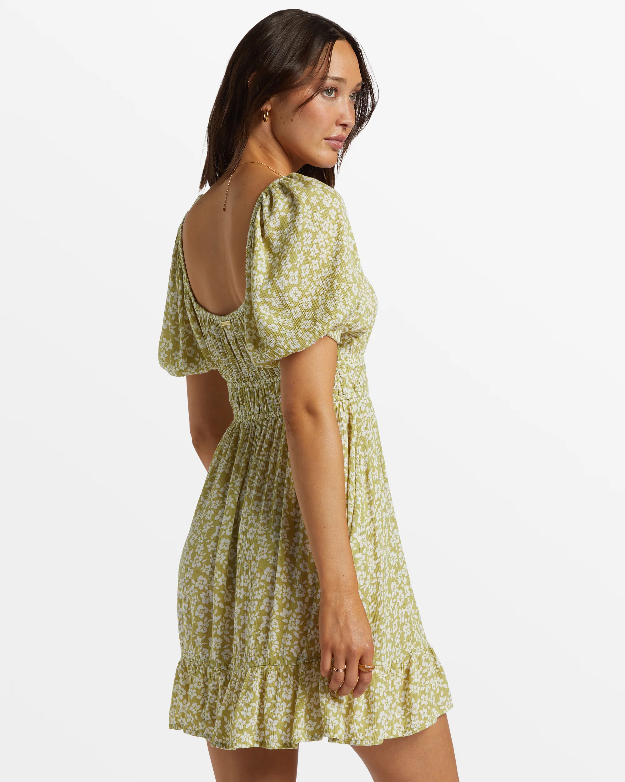 Billabong Cabana Puff Sleeve Mini Dress - Moss Joy -Biliabong Outlet