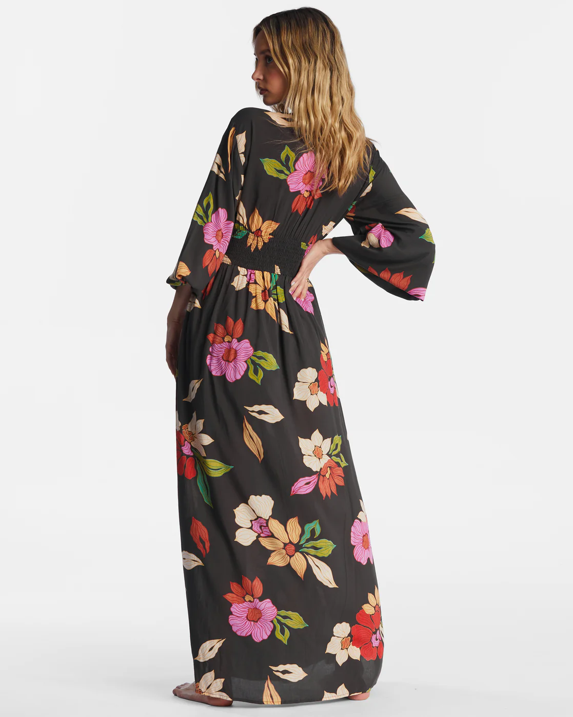 Billabong Night Bloom Long Sleeve Maxi Dress - Black Pebble -Biliabong Outlet