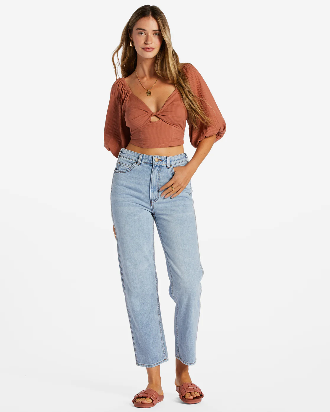Billabong Del Sole Top Puff-Sleeve Crop Top - Sweet Tea -Biliabong Outlet