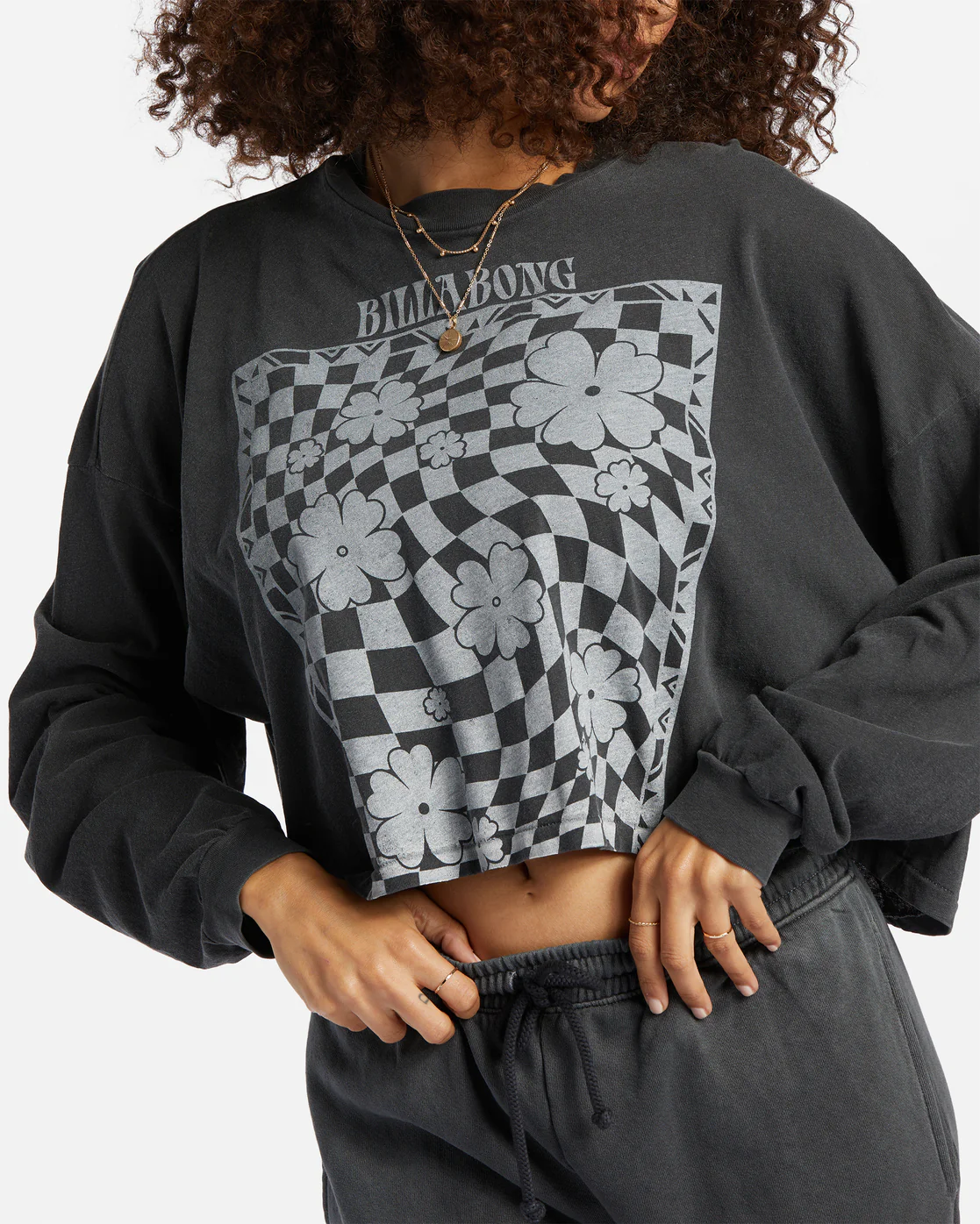 Billabong Beach Boyfriend Long Sleeve Crop Top - Black Pebble -Biliabong Outlet