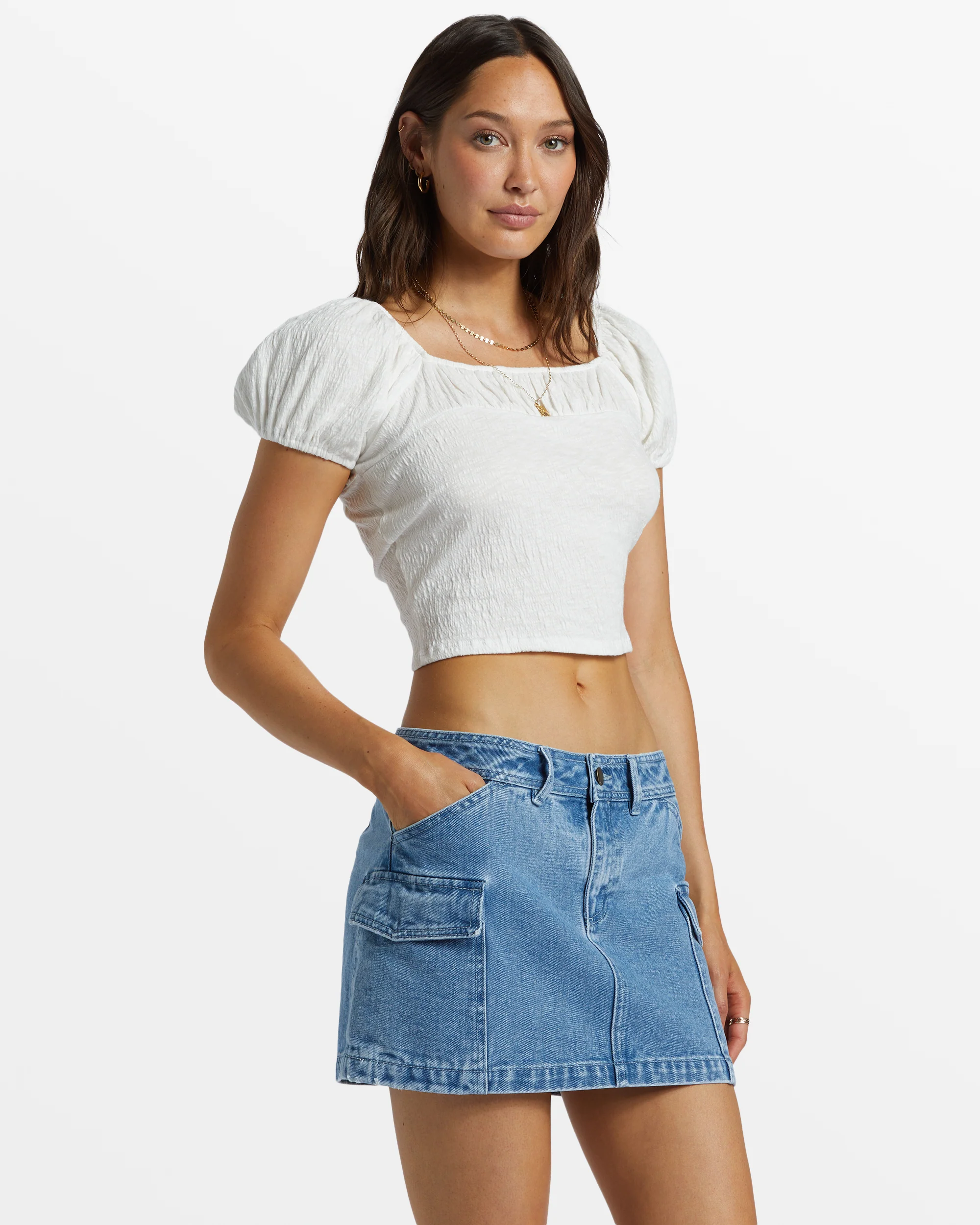 Billabong Hilary Denim Cargo Skirt - Medium Blue Rinse -Biliabong Outlet
