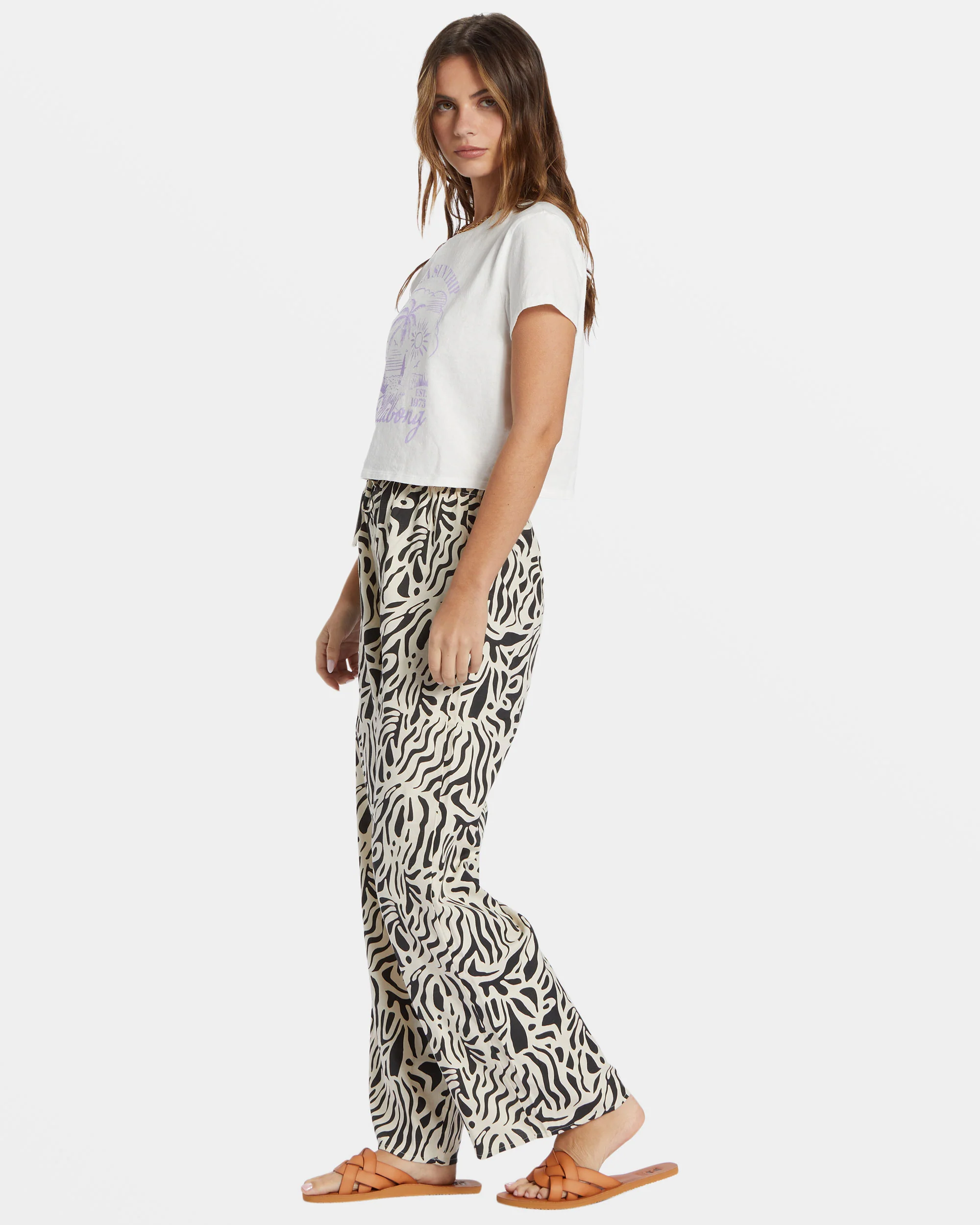 Billabong La Cala Printed Flared Pants - Black Sands -Biliabong Outlet