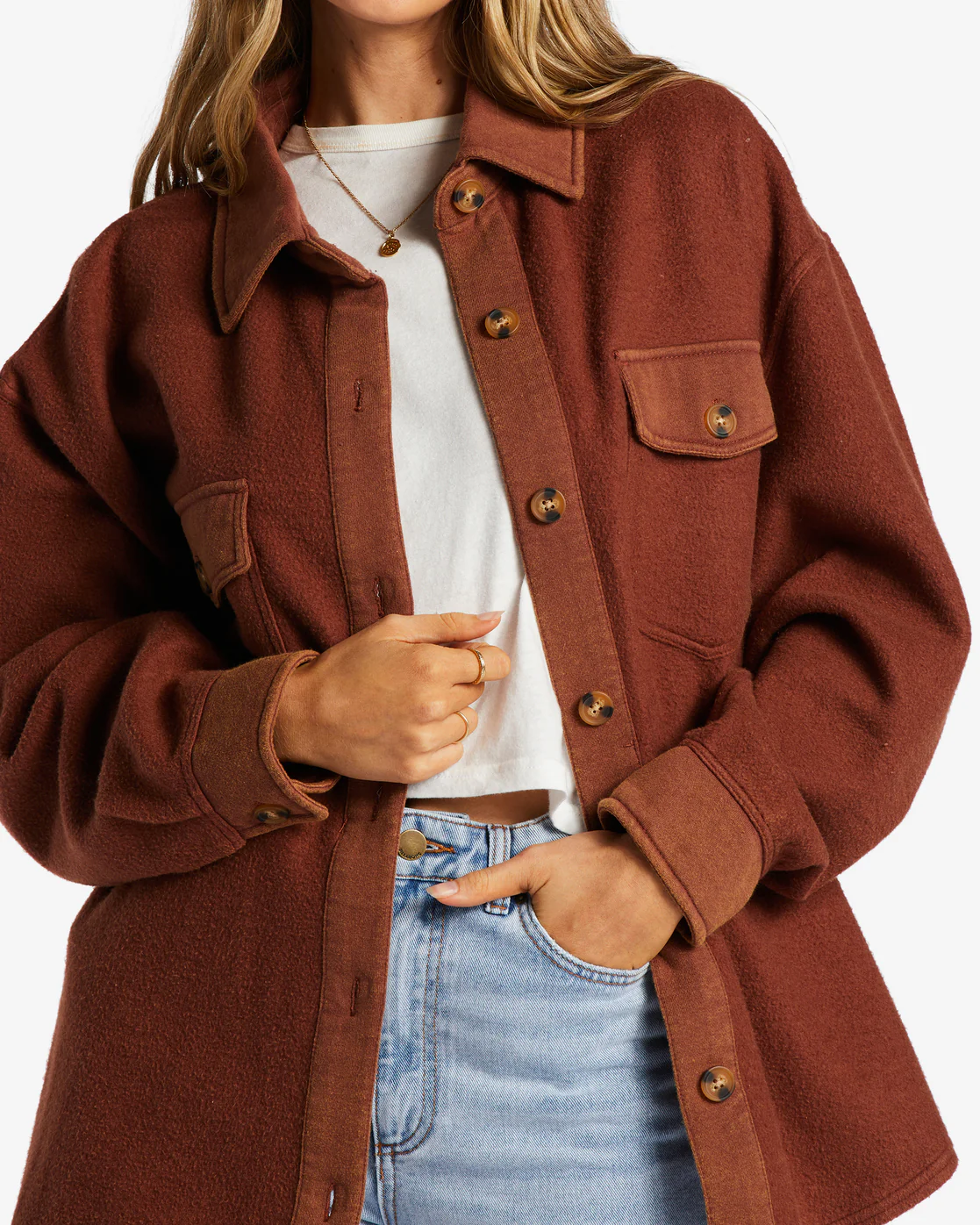 Billabong Anytime Shacket Oversized Button-Through Jacket - Mocha -Biliabong Outlet
