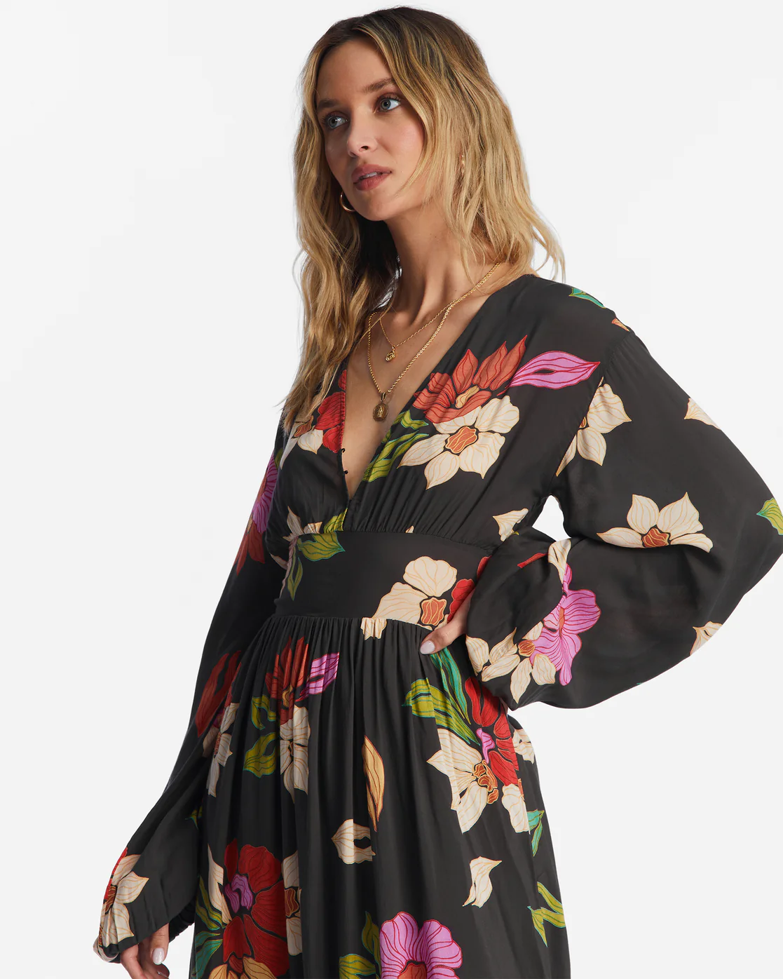 Billabong Night Bloom Long Sleeve Maxi Dress - Black Pebble -Biliabong Outlet
