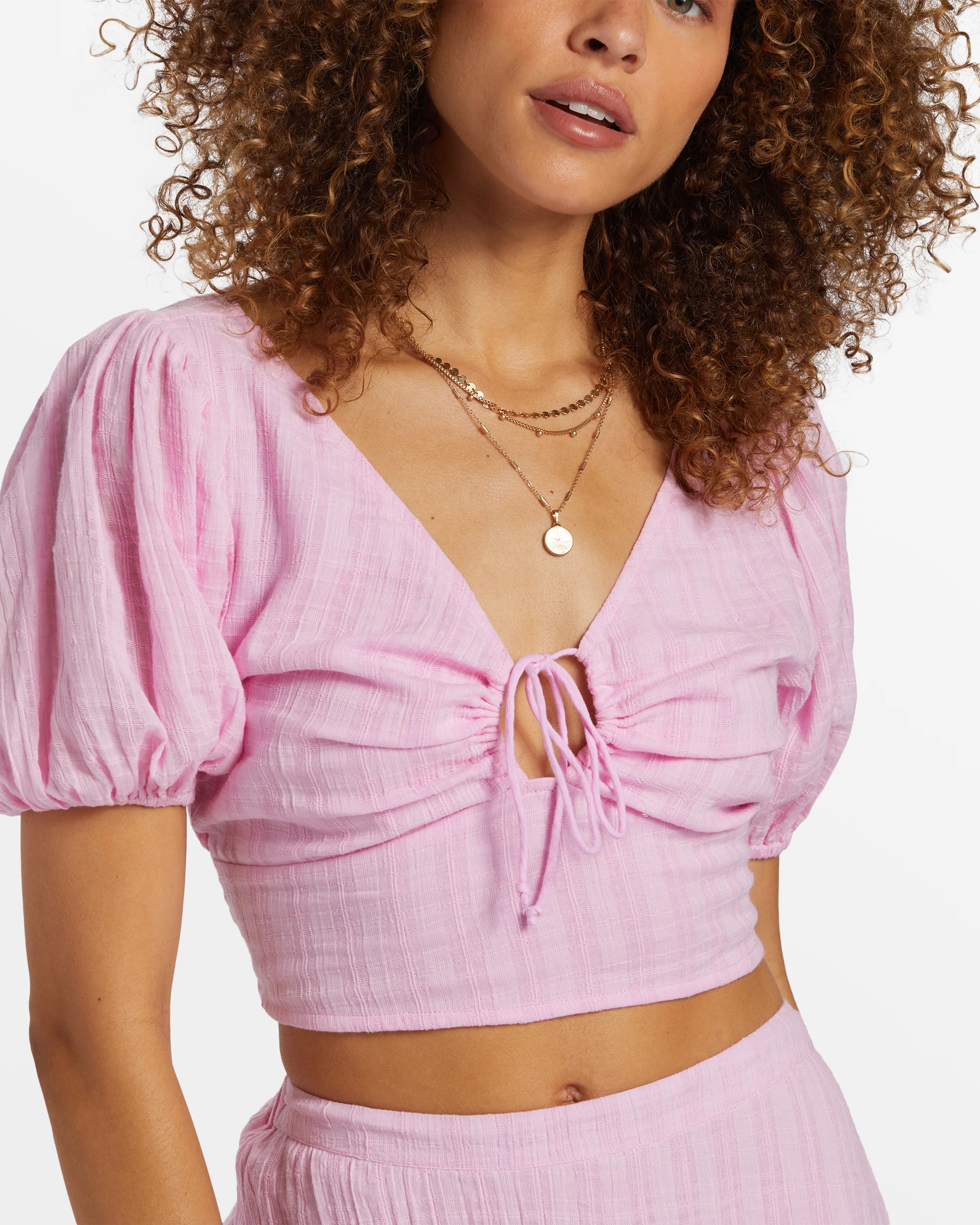 Billabong Tropic Heart Puff Sleeve Crop Top - Pink Dream -Biliabong Outlet