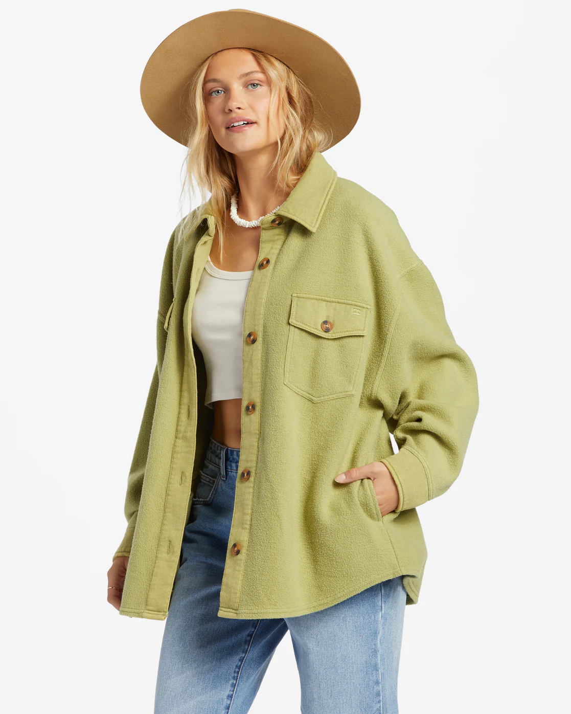 Billabong Anytime Shacket Oversized Button-Through Jacket - Avocado -Biliabong Outlet