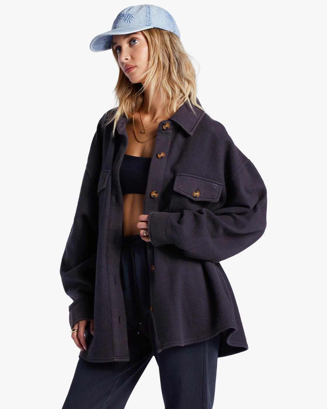 Billabong Anytime Shacket Oversized Button-Through Jacket - Black Sands -Biliabong Outlet