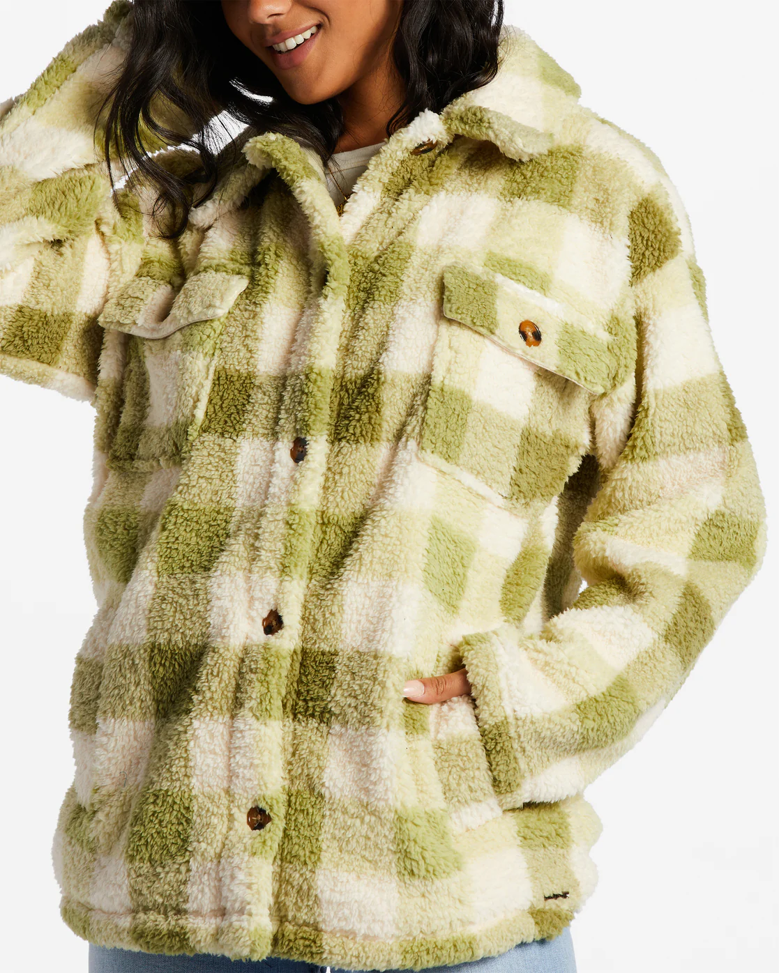 Billabong Fairbanks Button-Up Teddy Bear Jacket - Green Eyes -Biliabong Outlet