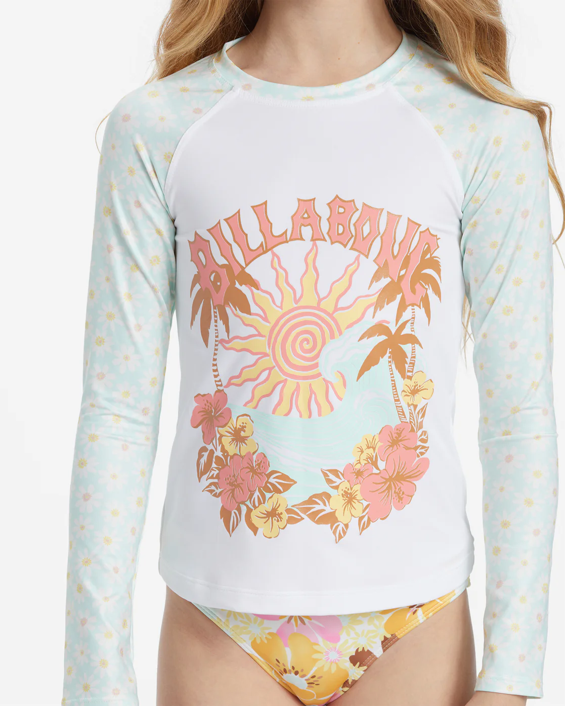 Billabong Girls Flower Power Long Sleeve Rashguard Surf Tee - Salt Crystal -Biliabong Outlet