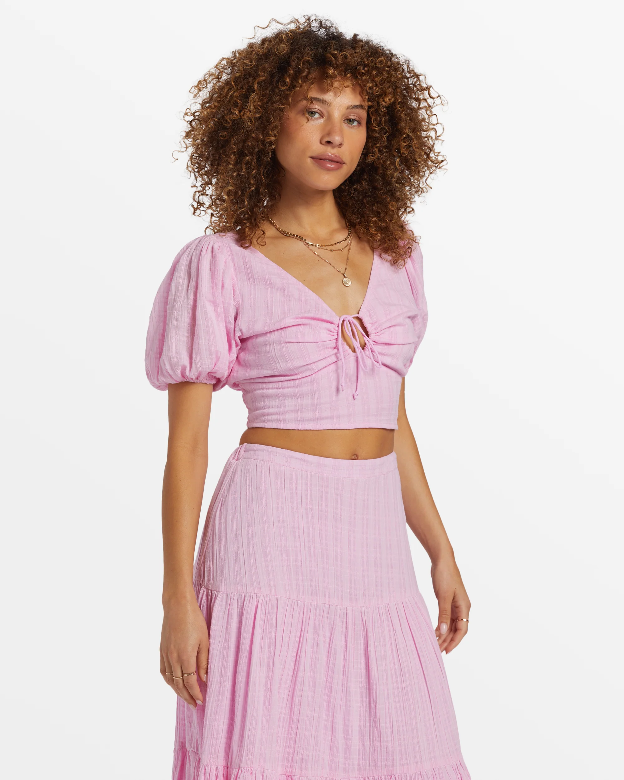 Billabong Tropic Heart Puff Sleeve Crop Top - Pink Dream -Biliabong Outlet