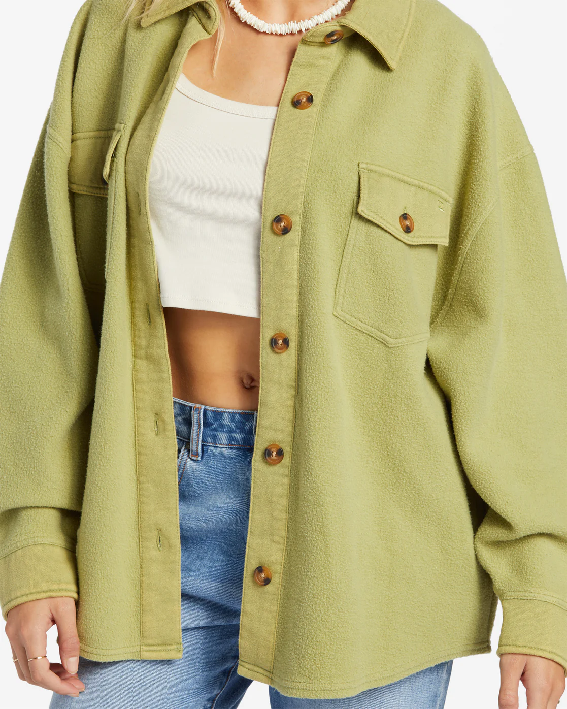 Billabong Anytime Shacket Oversized Button-Through Jacket - Avocado -Biliabong Outlet