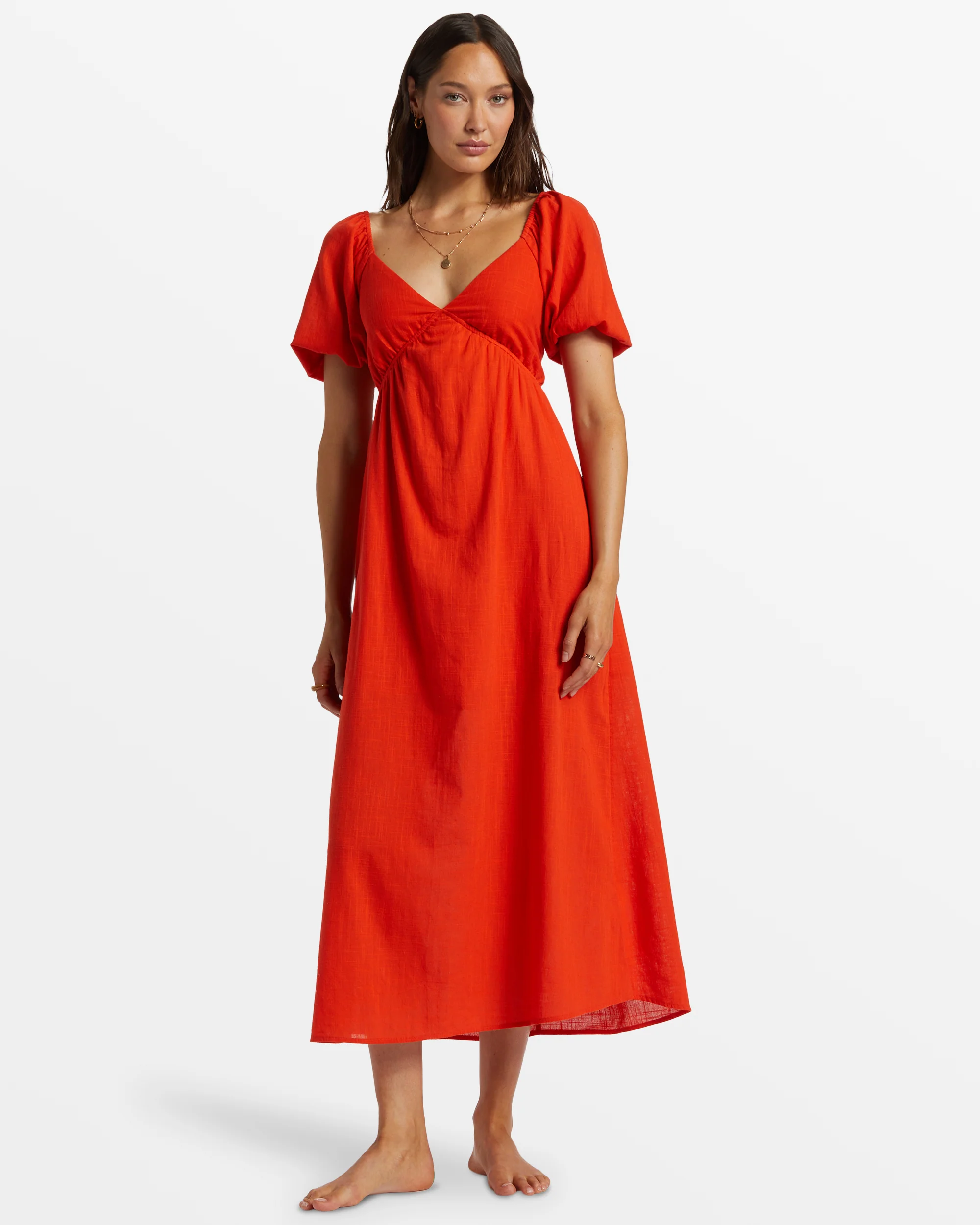 Billabong Love Fade Puff Sleeve Maxi Dress - Sunset Red -Biliabong Outlet