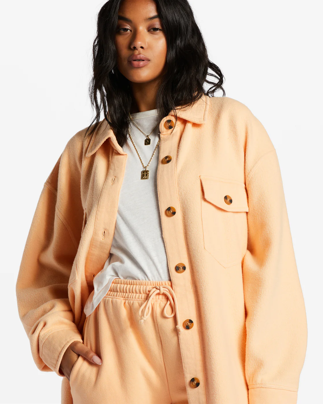 Billabong Anytime Shacket Oversized Button-Through Jacket - Light Melon -Biliabong Outlet