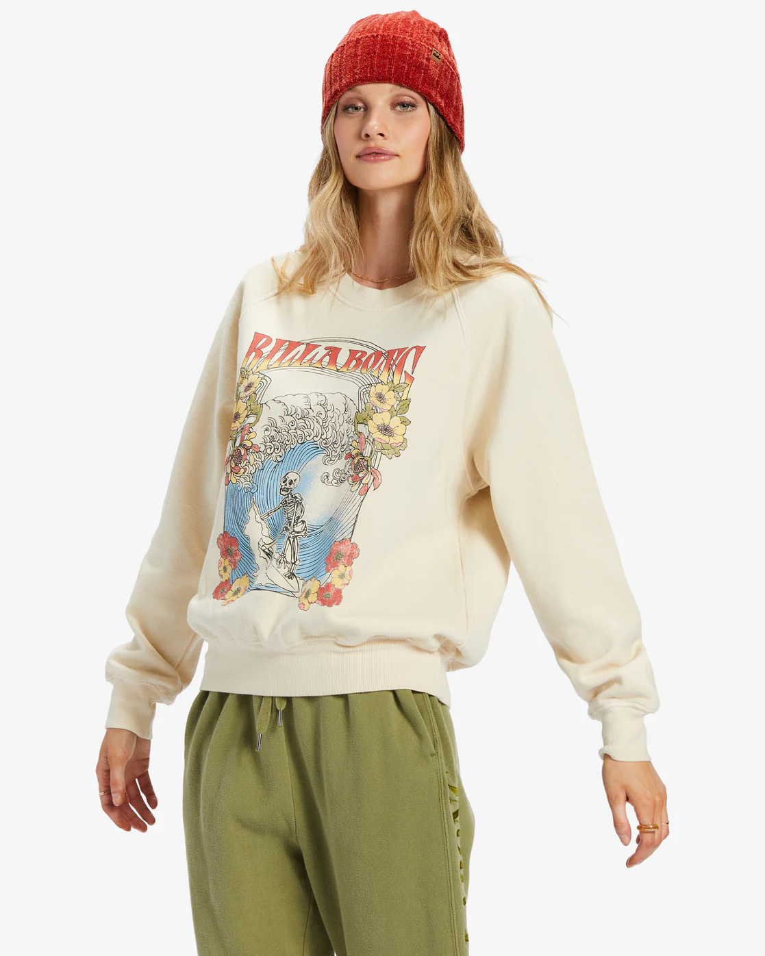 Billabong Here We Go Graphic Crewneck Sweatshirt - White Cap -Biliabong Outlet