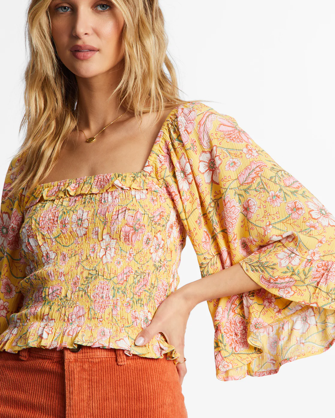 Billabong Be My Babe Bell Sleeve Top - Golden Peach -Biliabong Outlet