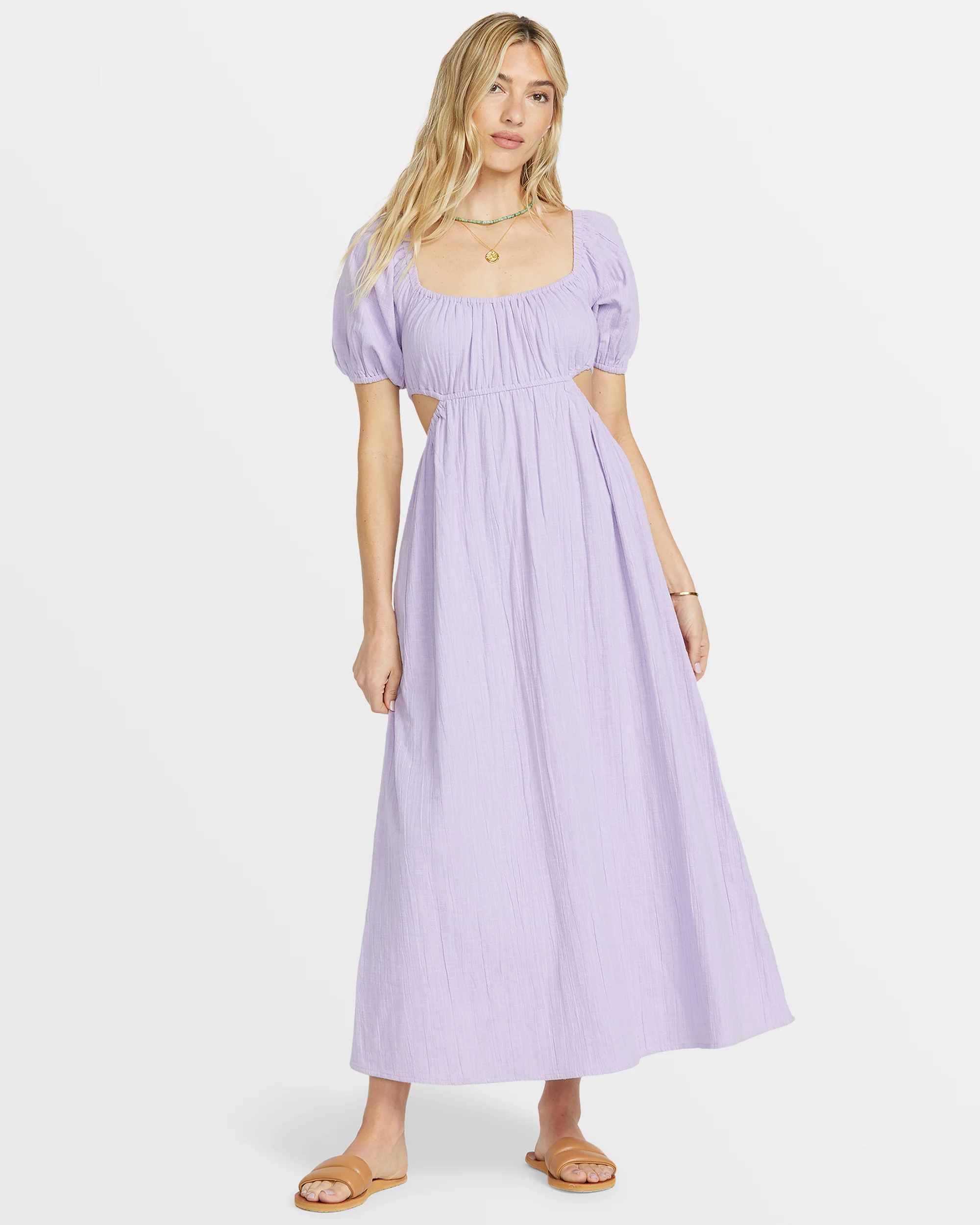 Billabong On The Coast Puff Sleeves Midi Dress - Purple Rose -Biliabong Outlet