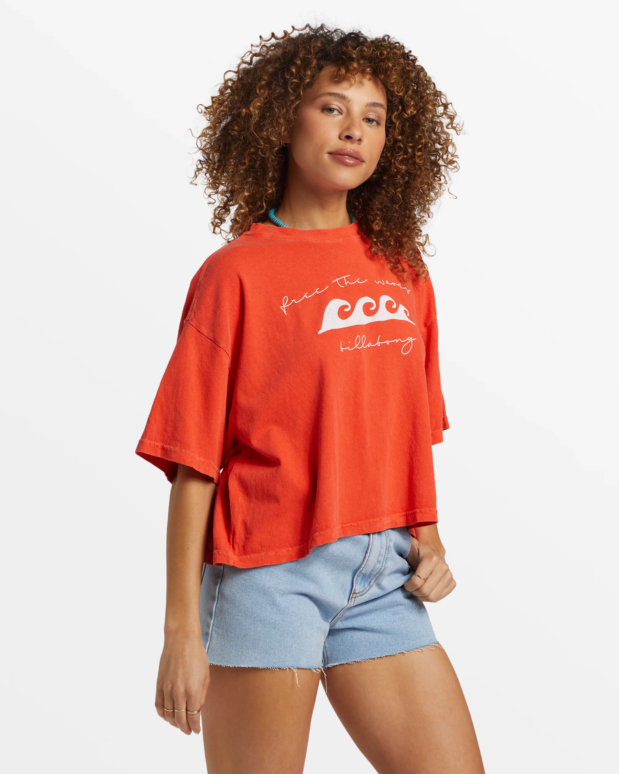 Billabong Hot Fun Cropped Oversized T-Shirt - Sunset Red -Biliabong Outlet