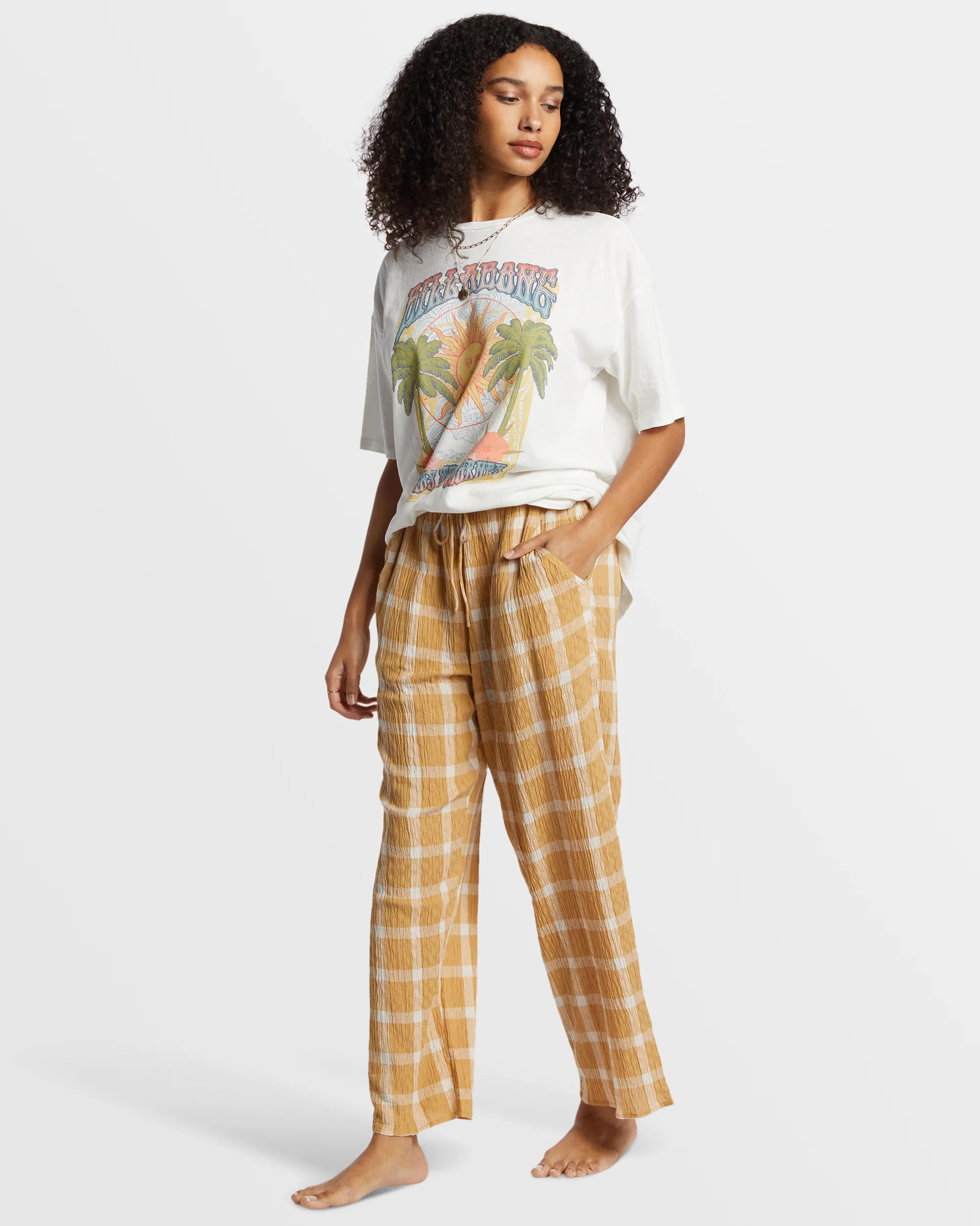 Billabong Plaid Out Elastic Waist Pants - Hemp 2 -Biliabong Outlet