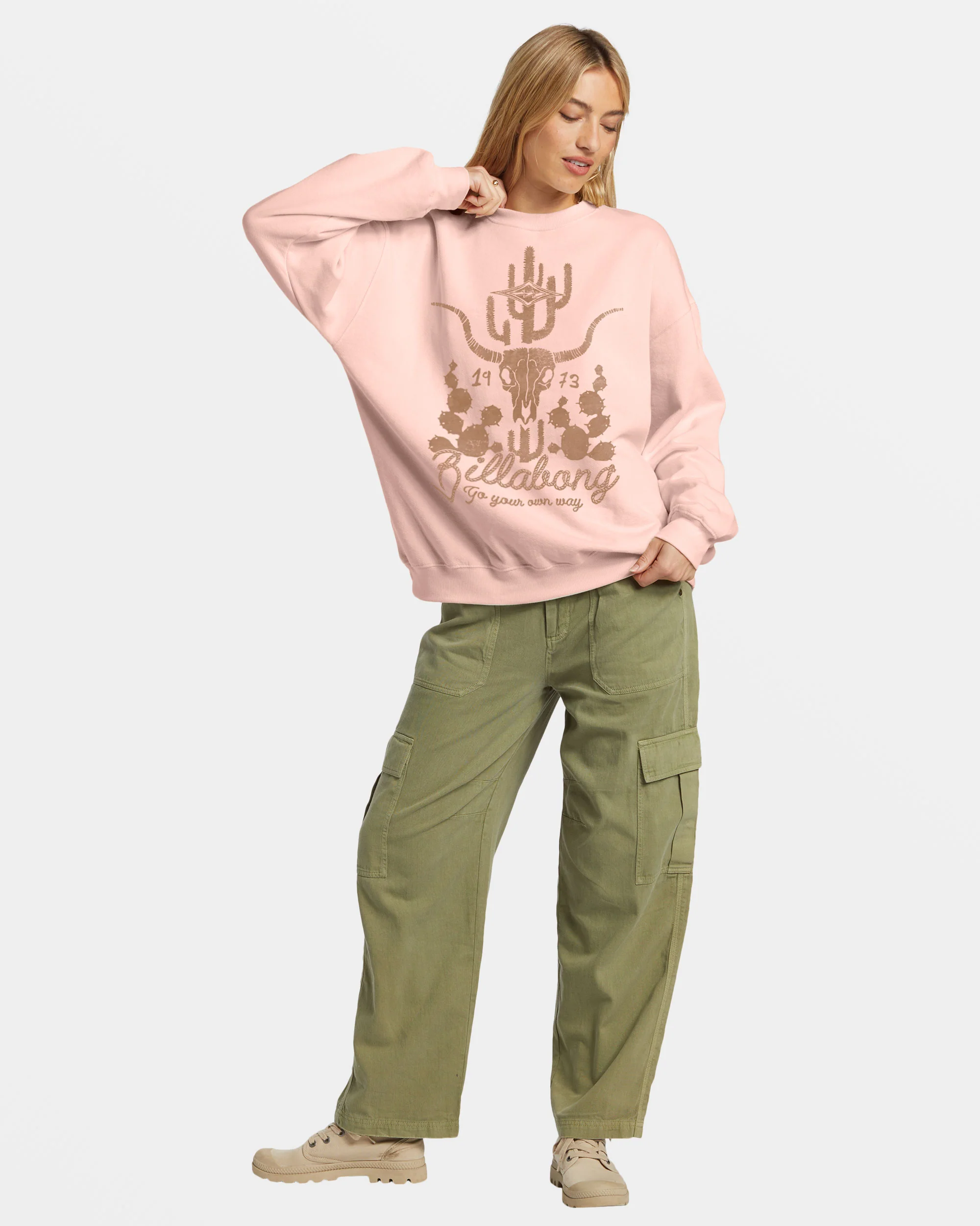 Billabong Ride In Oversized Crewneck Sweatshirt - Feelin Peachy -Biliabong Outlet