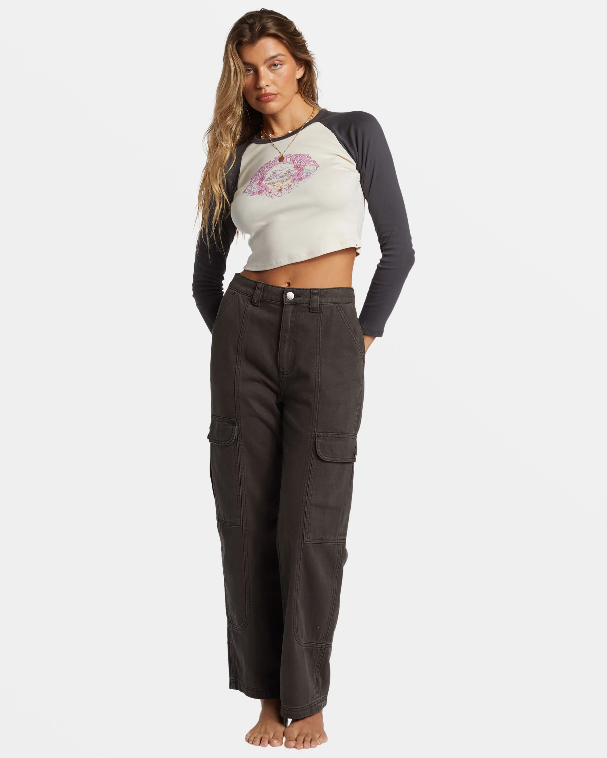 Billabong Mystic Wave Long Sleeve Cropped T-shirt - White Cap -Biliabong Outlet