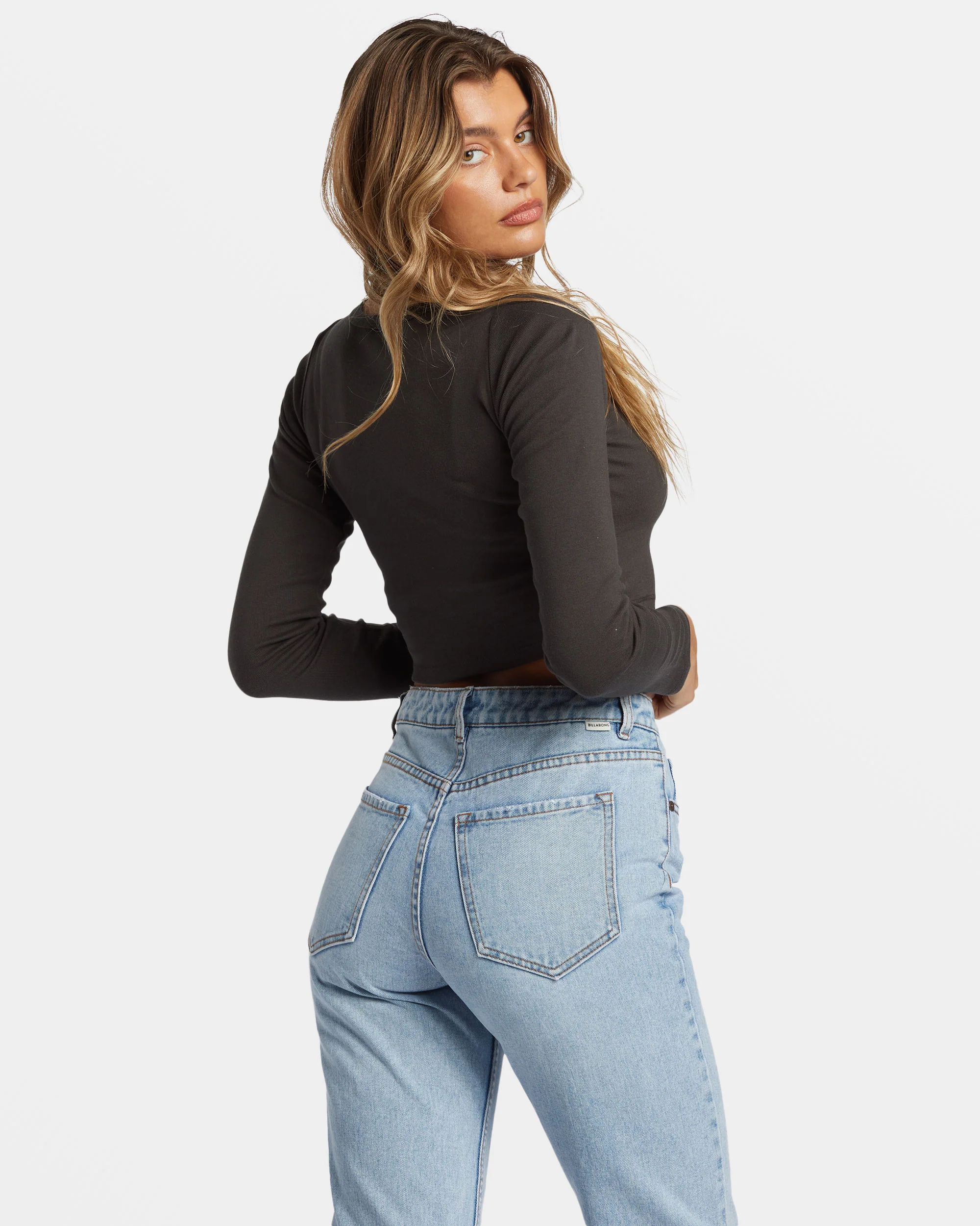 Billabong Stars In Your Eyes Long Sleeve Cropped T-shirt - Off Black -Biliabong Outlet