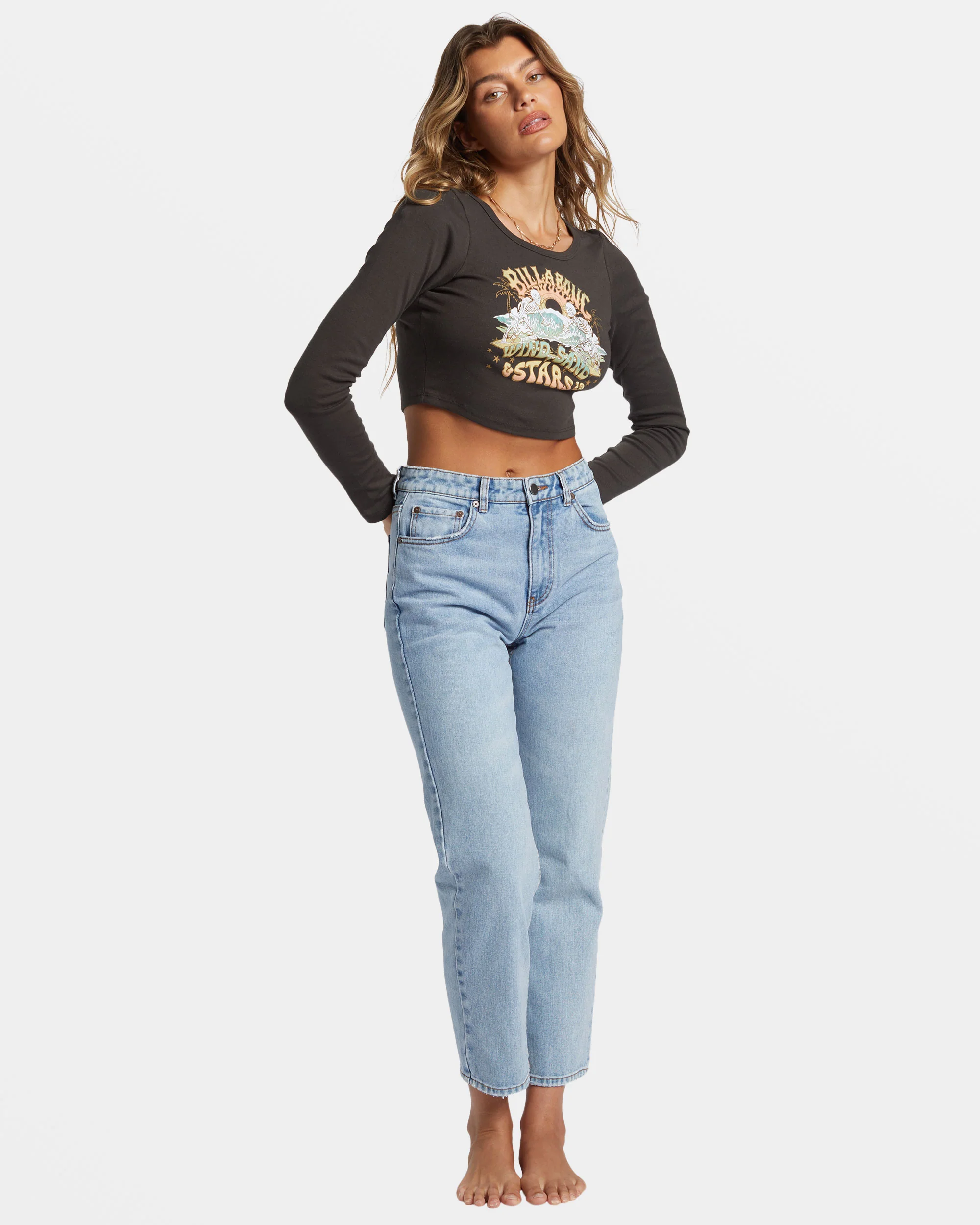 Billabong Stars In Your Eyes Long Sleeve Cropped T-shirt - Off Black -Biliabong Outlet