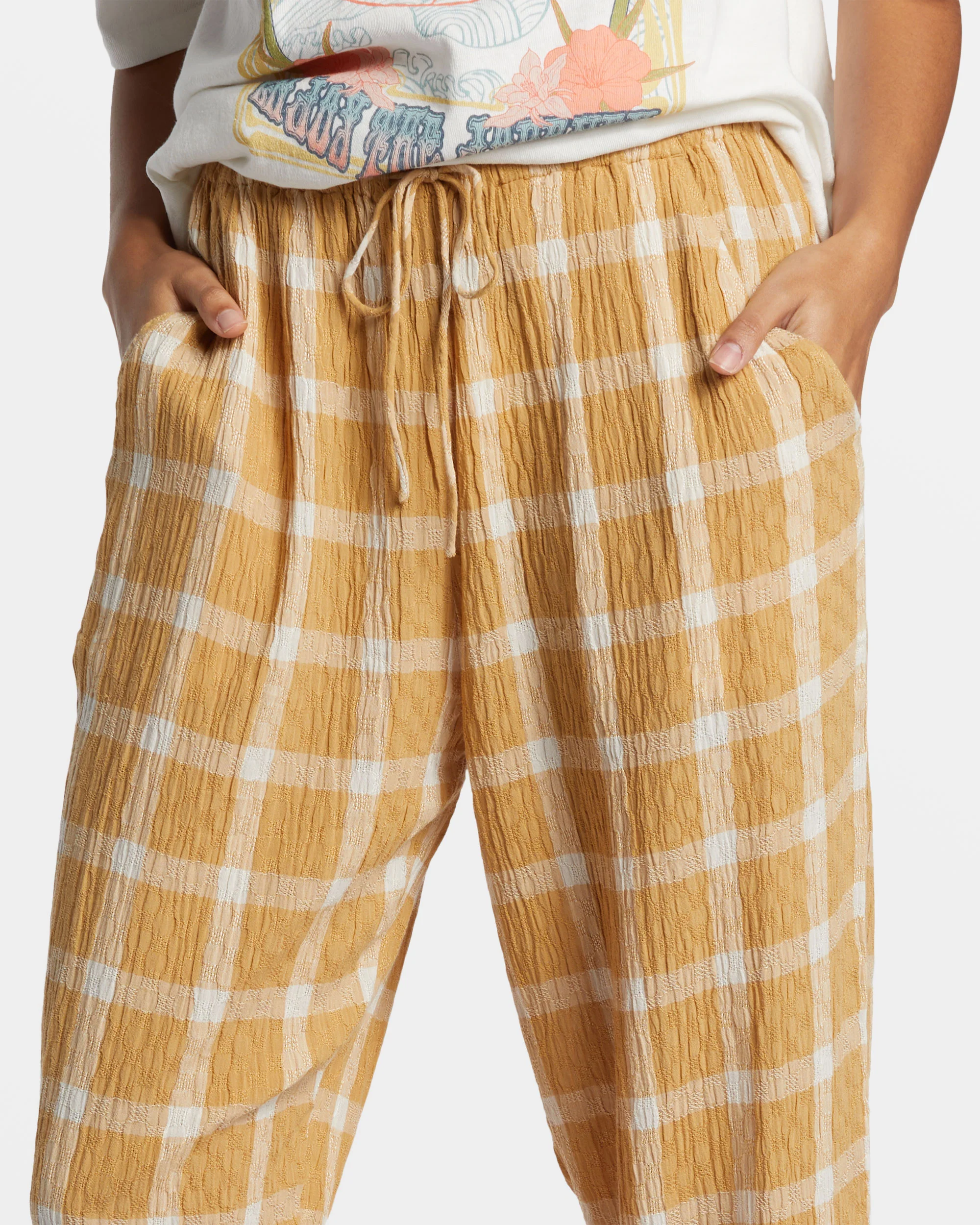 Billabong Plaid Out Elastic Waist Pants - Hemp 2 -Biliabong Outlet