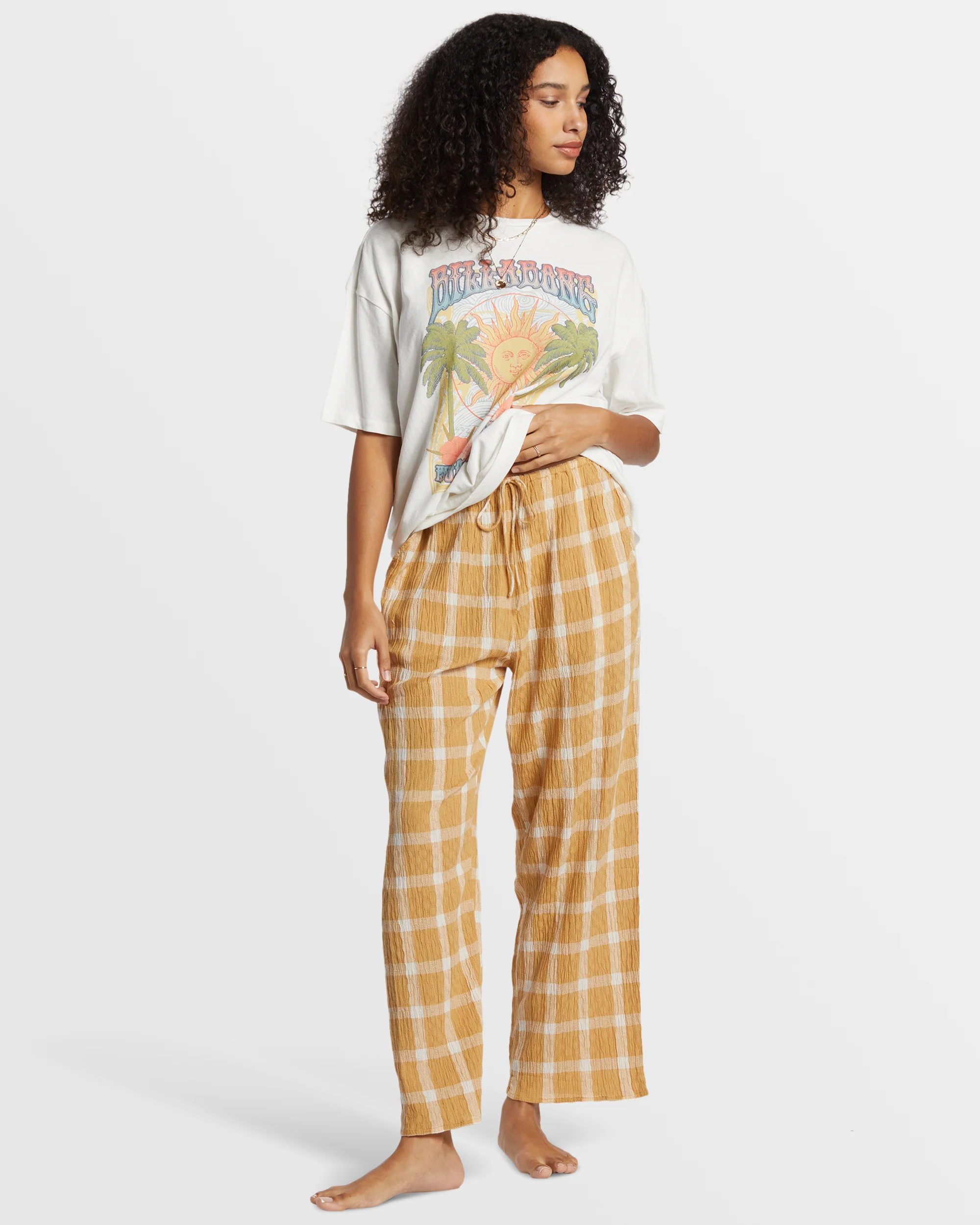 Billabong Plaid Out Elastic Waist Pants - Hemp 2 -Biliabong Outlet