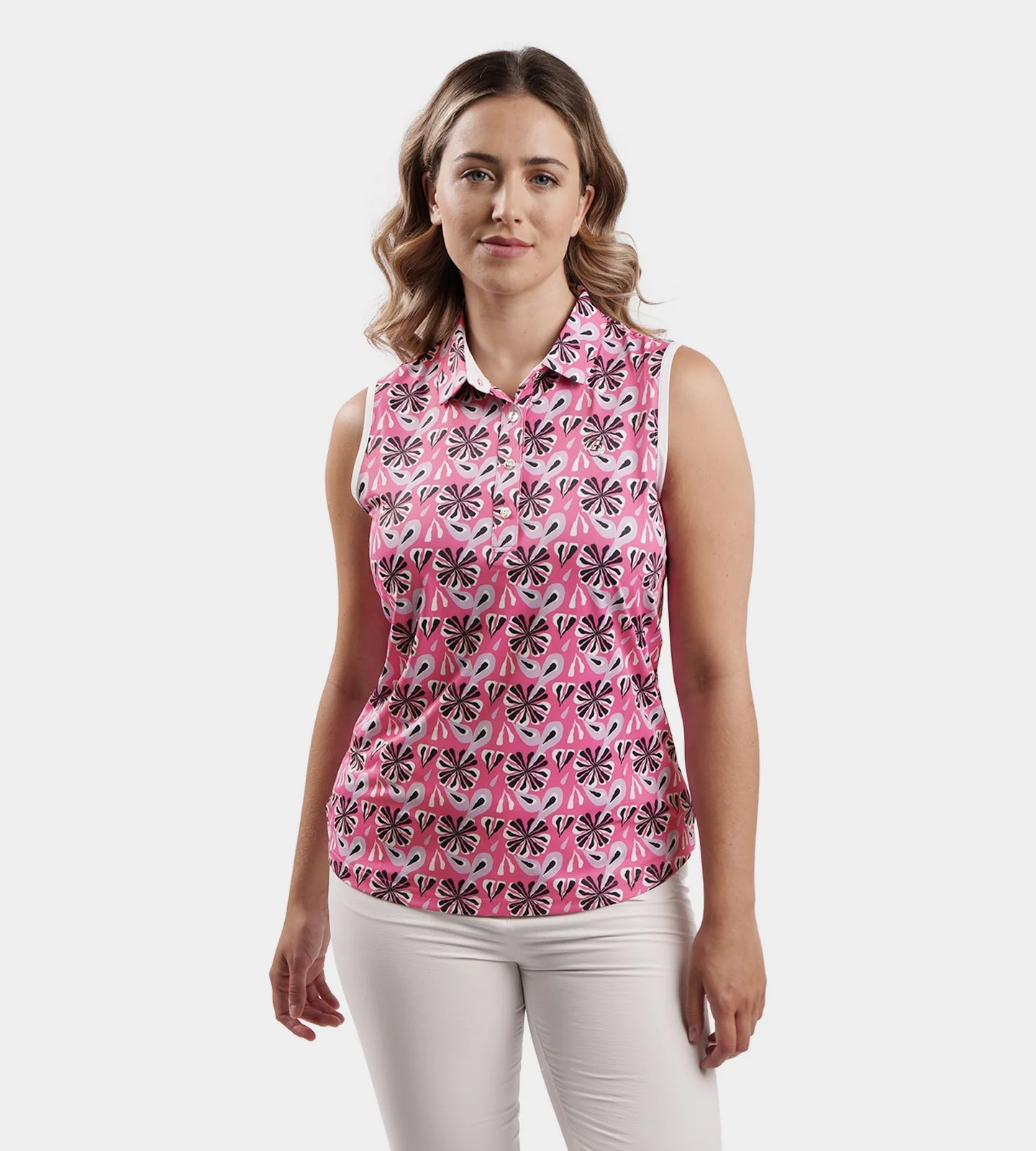 LADIES FLORAL SLEEVELESS POLO - PINK