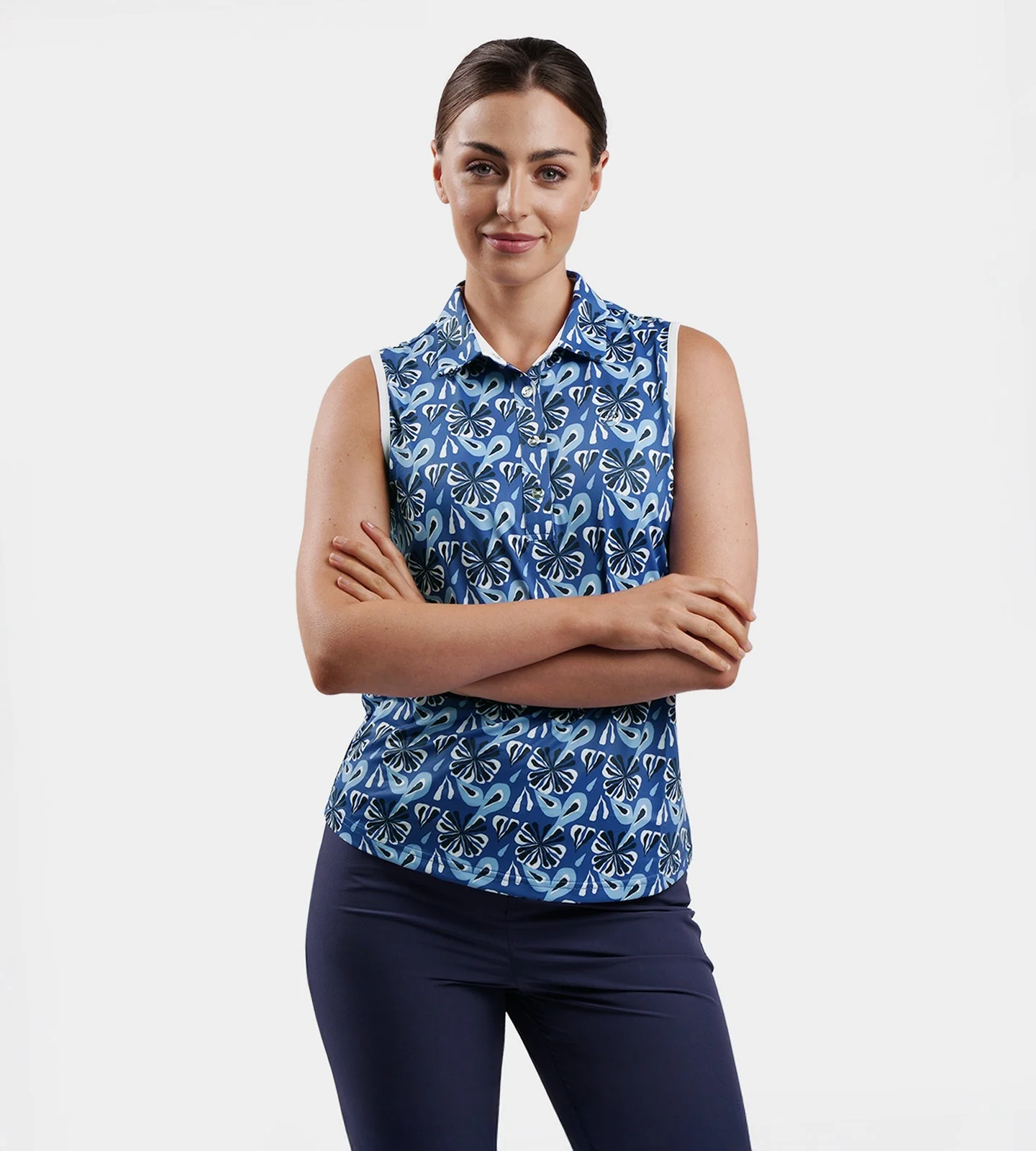 LADIES FLORAL SLEEVELESS POLO - NAVY