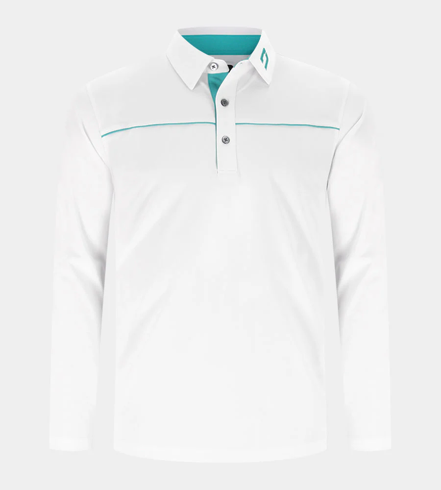 BLOCK PIQUE LONG SLEEVE POLO -  WHITE/TEAL