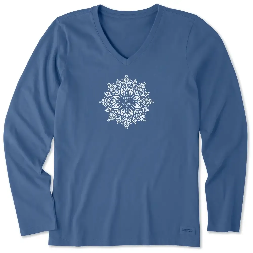 Women's Antique Snowflake Mandala Long Sleeve Crusher Vee