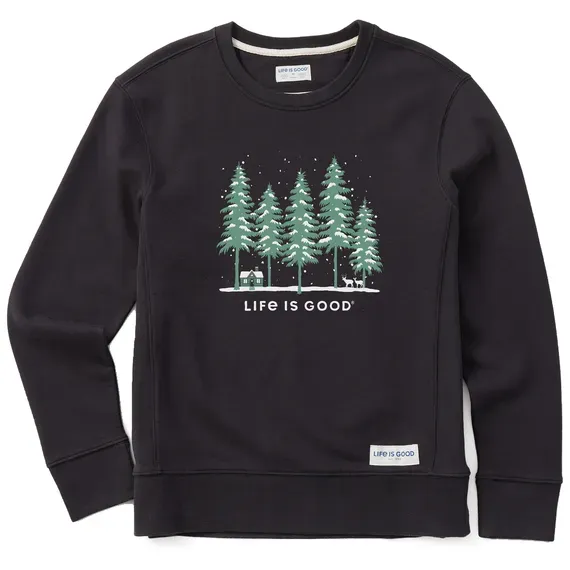Women's Snowy Winter Cabin Scene Simply True Fleece Crew
