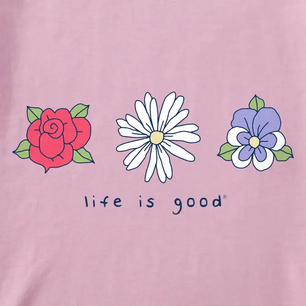 Women's 3 Flowers Rose Daisy Pansy Long Sleeve Crusher Tee