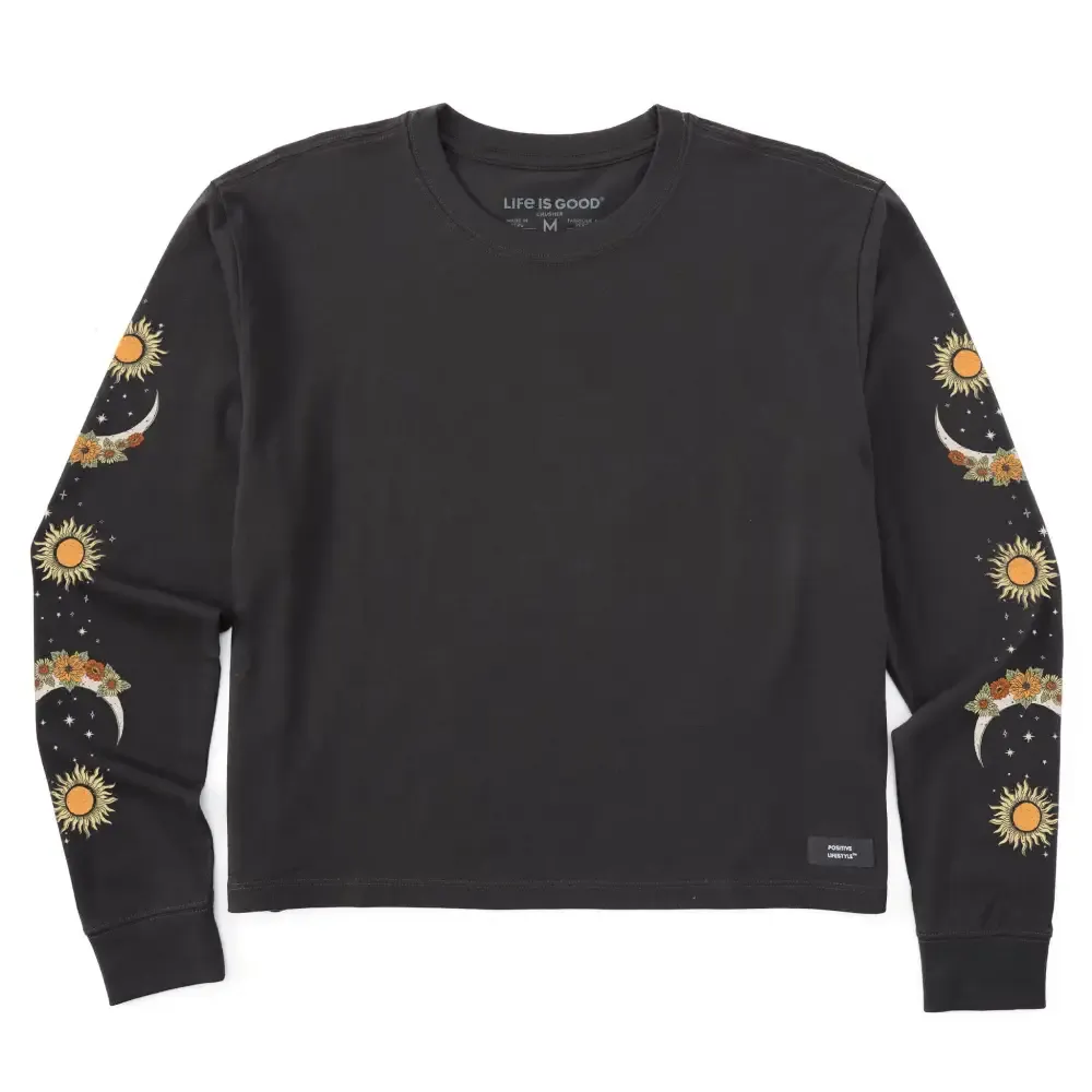Women's Autumn Celestial Moon Flowers Long Sleeve Crusher Boxy Tee