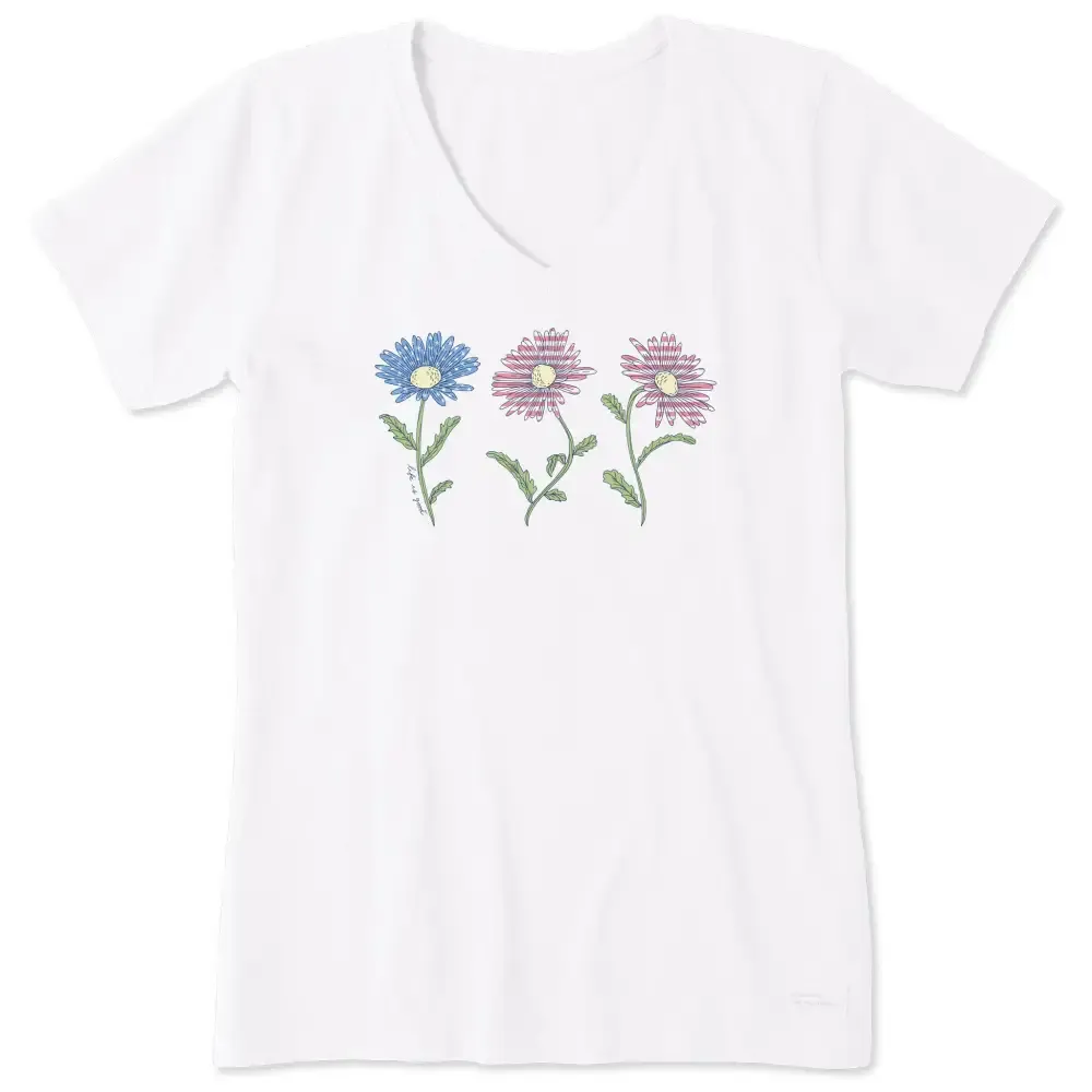 Women's 3 Water Flag Daisies Short Sleeve Vee