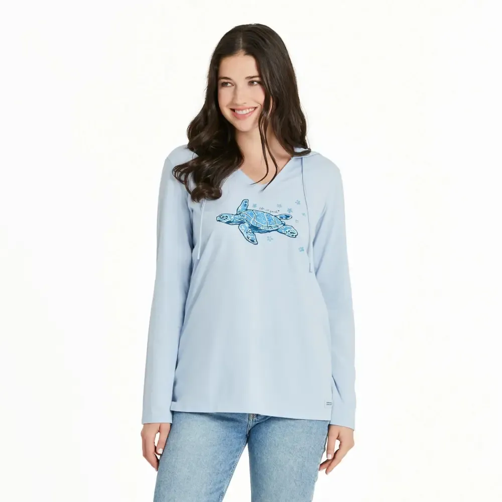 Women's Patterna Floating Floral Sea Turtle Long Sleeve Crusher-LITE Hooded Tee