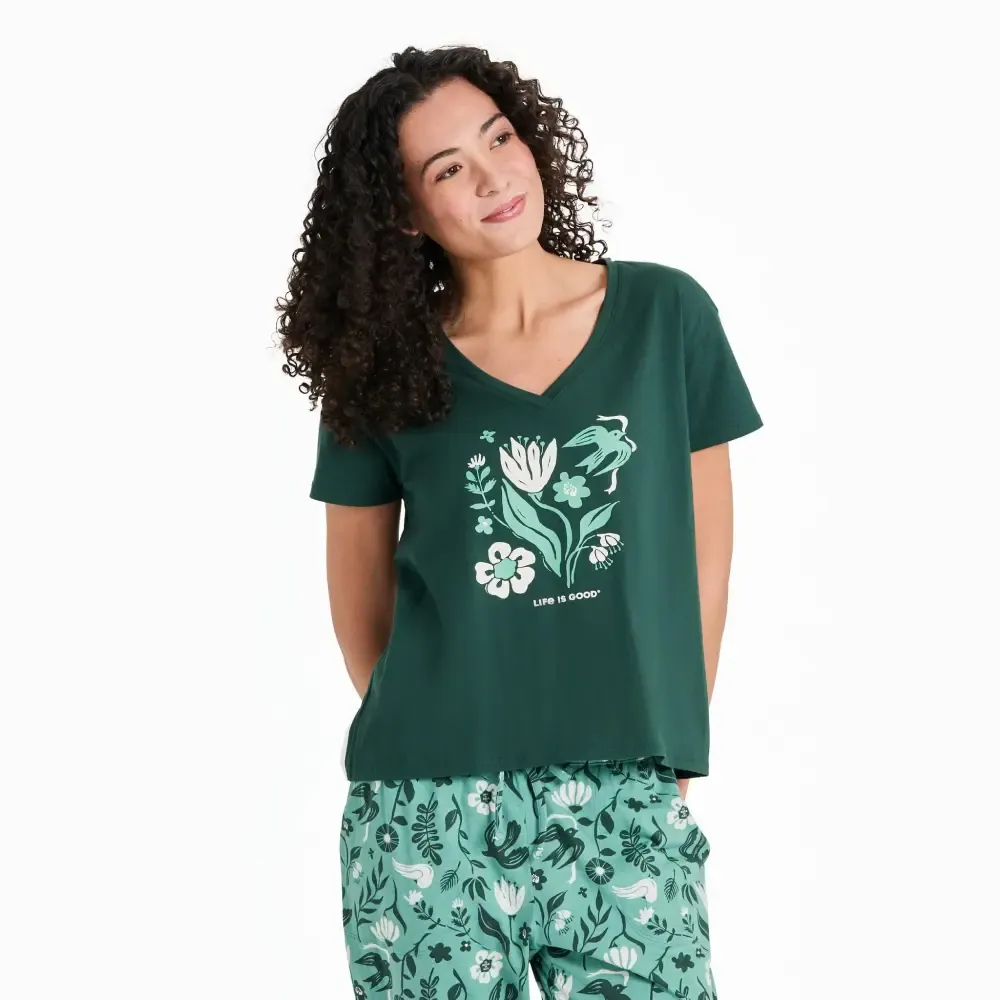 Women's Woodblock Floral and Bird Snuggle Up Sleep Vee